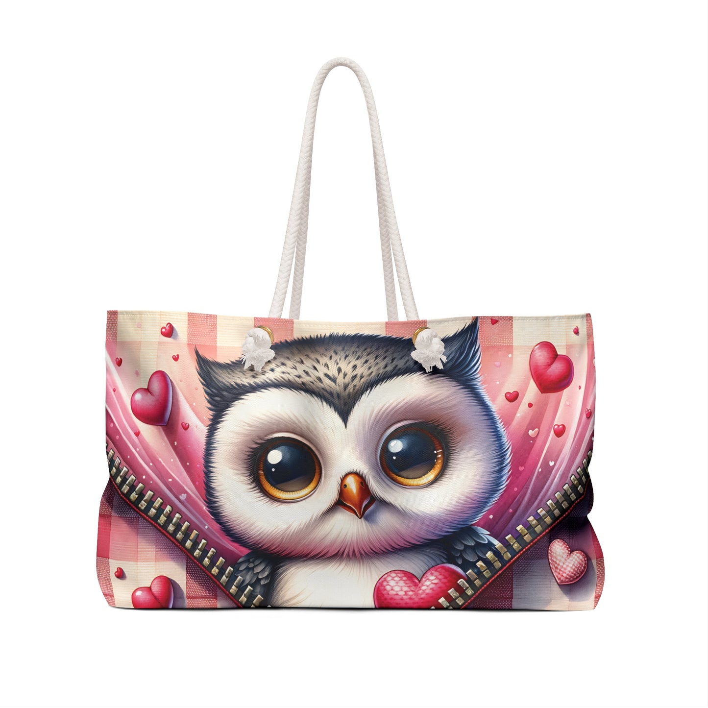 Personalised/Non-Personalised Weekender Bag, Cute Owl, Zipper, Valentines Day, Large Weekender Bag, Beach Bag, Book Bag