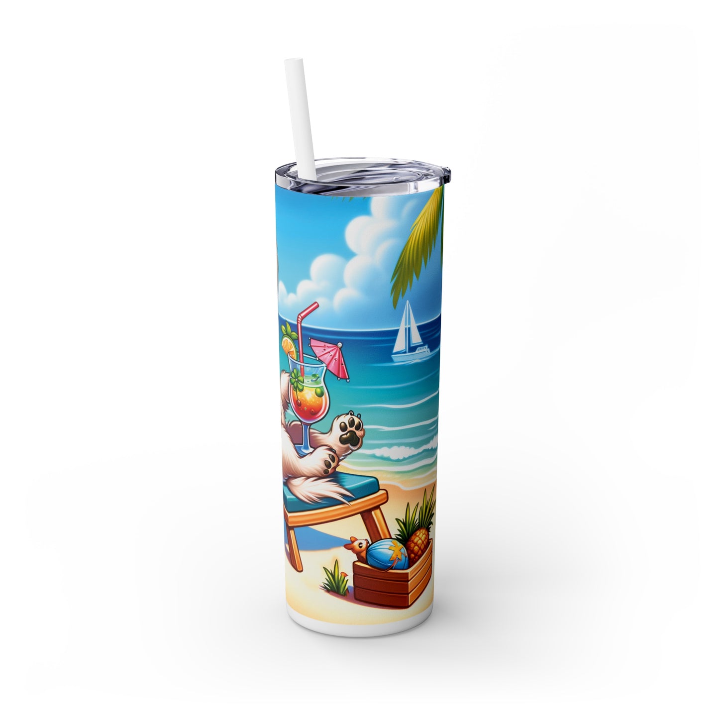 Skinny Tumbler with Straw, 20oz, Dog on Beach, Maltese, awd-1222