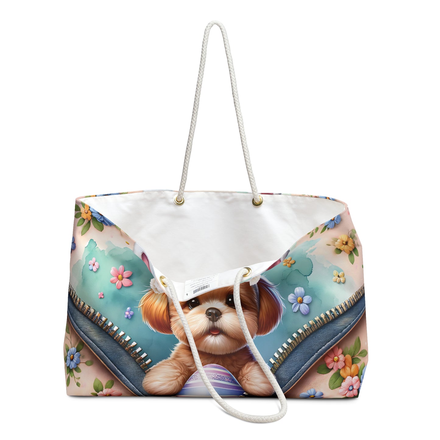 Personalised/Non-Personalised Weekender Bag, Easter, Cute Dog with Bunny Ears, Large Weekender Bag, Beach Bag, Book Bag