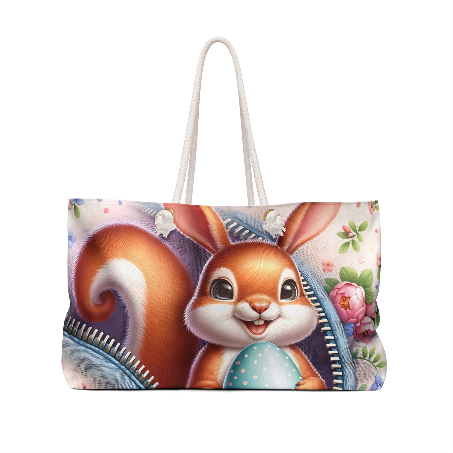 Personalised/Non-Personalised Weekender Bag, Easter, Cute Squirrel with Bunny Ears, Large Weekender Bag, Beach Bag, Book Bag