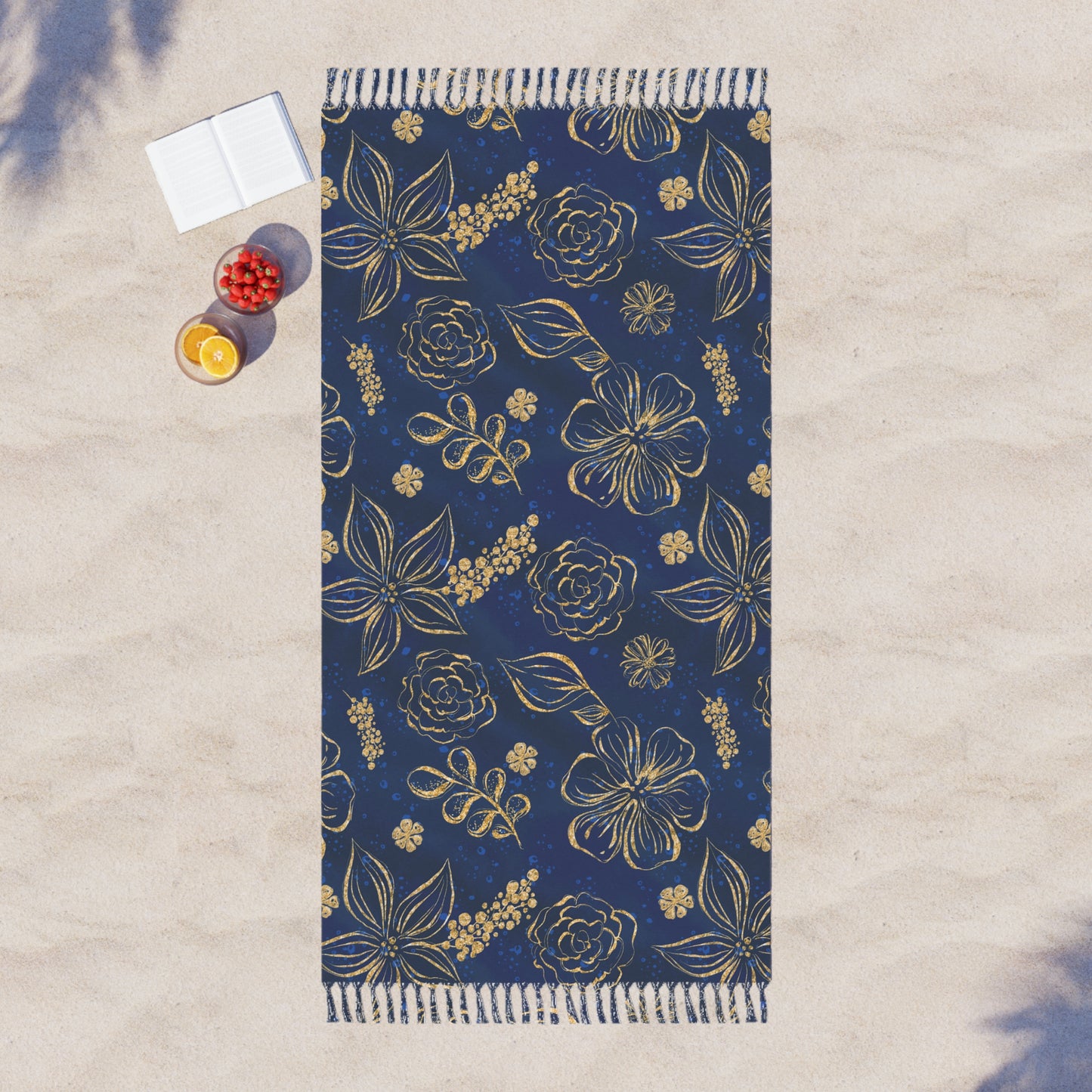 Boho Beach Towel, Blue and Gold Flowers