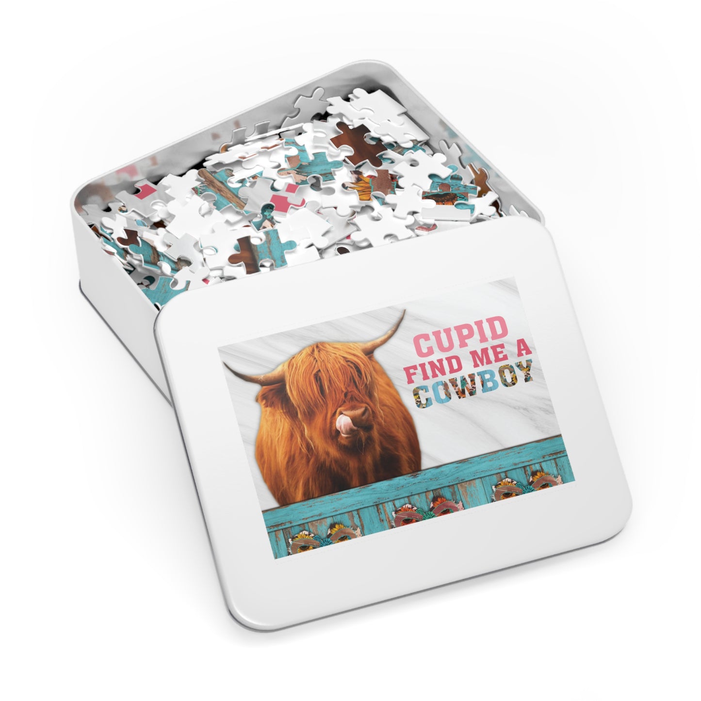 Jigsaw Puzzle, Highland Cow, Cupid find me a Cowboy, Personalised/Non-Personalised (30, 110, 252, 500,1000-Piece)