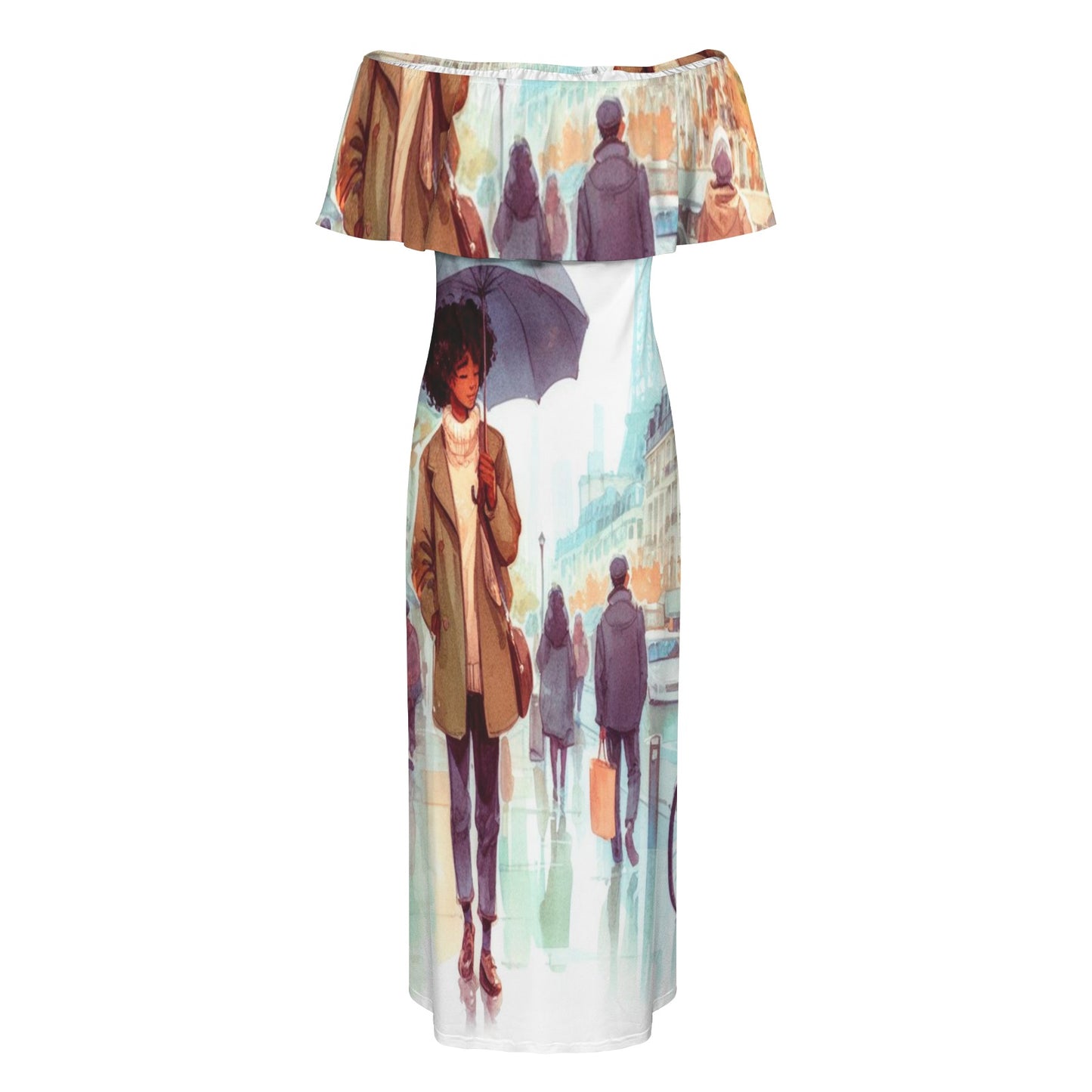 Girl 11 Women's Off Shoulder Ruffle Boat Neck Dress (Model D71)
