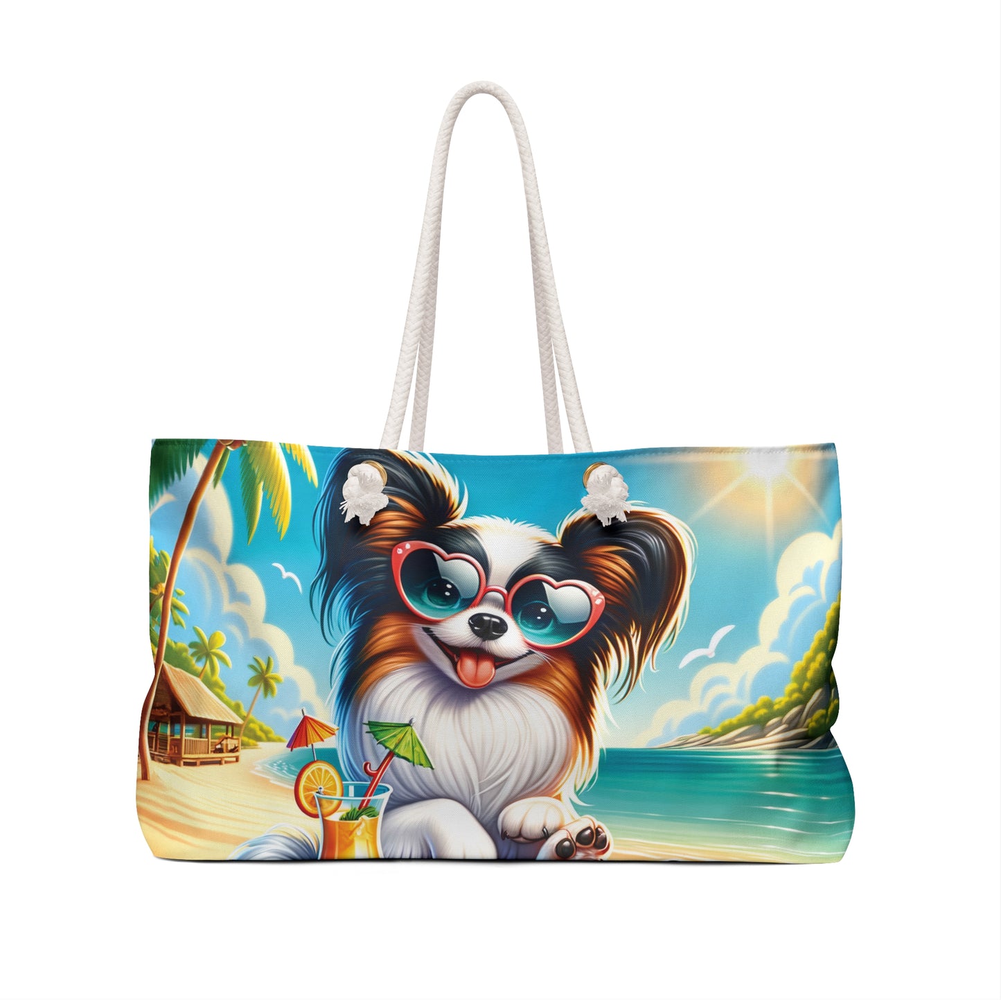 Personalised/Non-Personalised Weekender Bag, Summer Beach Dog, Old Papillon, Large Weekender Bag, Beach Bag, Book Bag