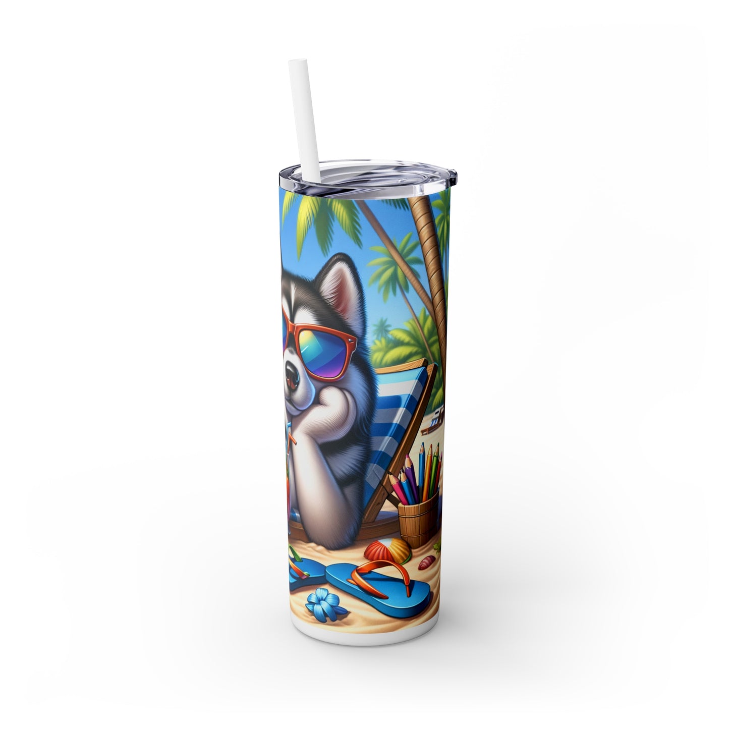 Skinny Tumbler with Straw, 20oz, Dog on Beach, Siberian Husky, awd-1244