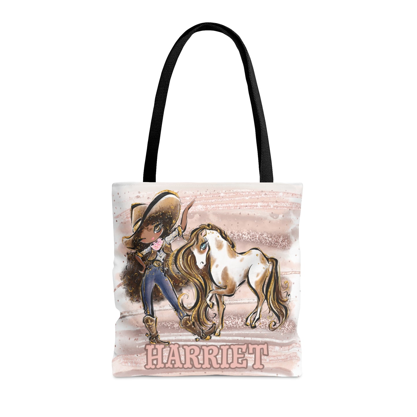 Personalised Tote Bag, Cowgirl & Horse, Brown Curly Hair, Olive Skin, Brown Eyes, Tote bag