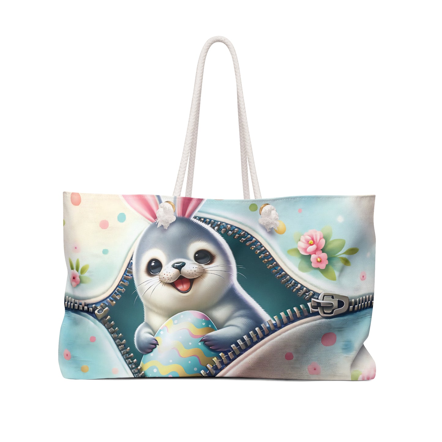 Personalised/Non-Personalised Weekender Bag, Easter, Cute Seal with Bunny Ears, Large Weekender Bag, Beach Bag, Book Bag