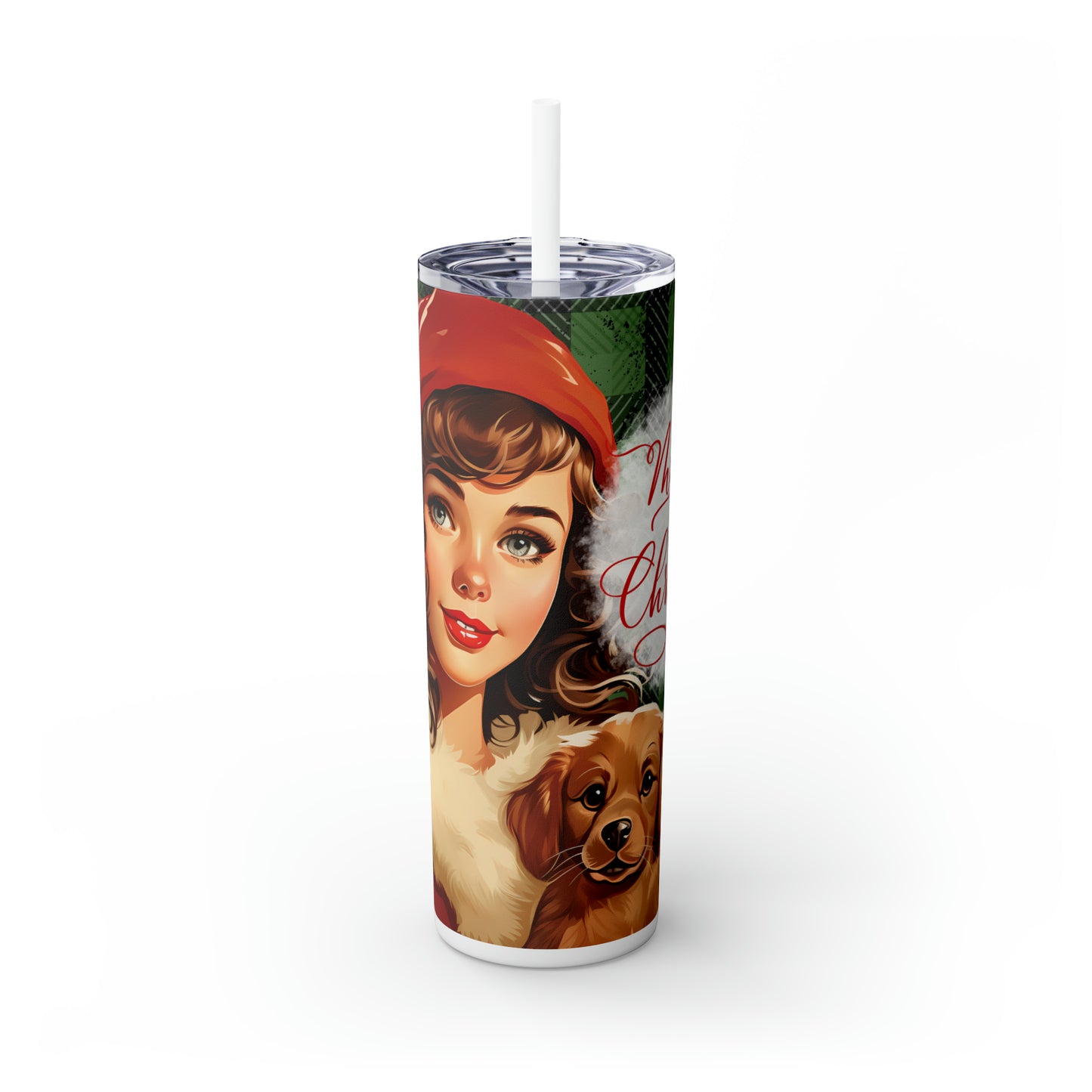 Skinny Tumbler with Straw, 20oz, Retro Christmas