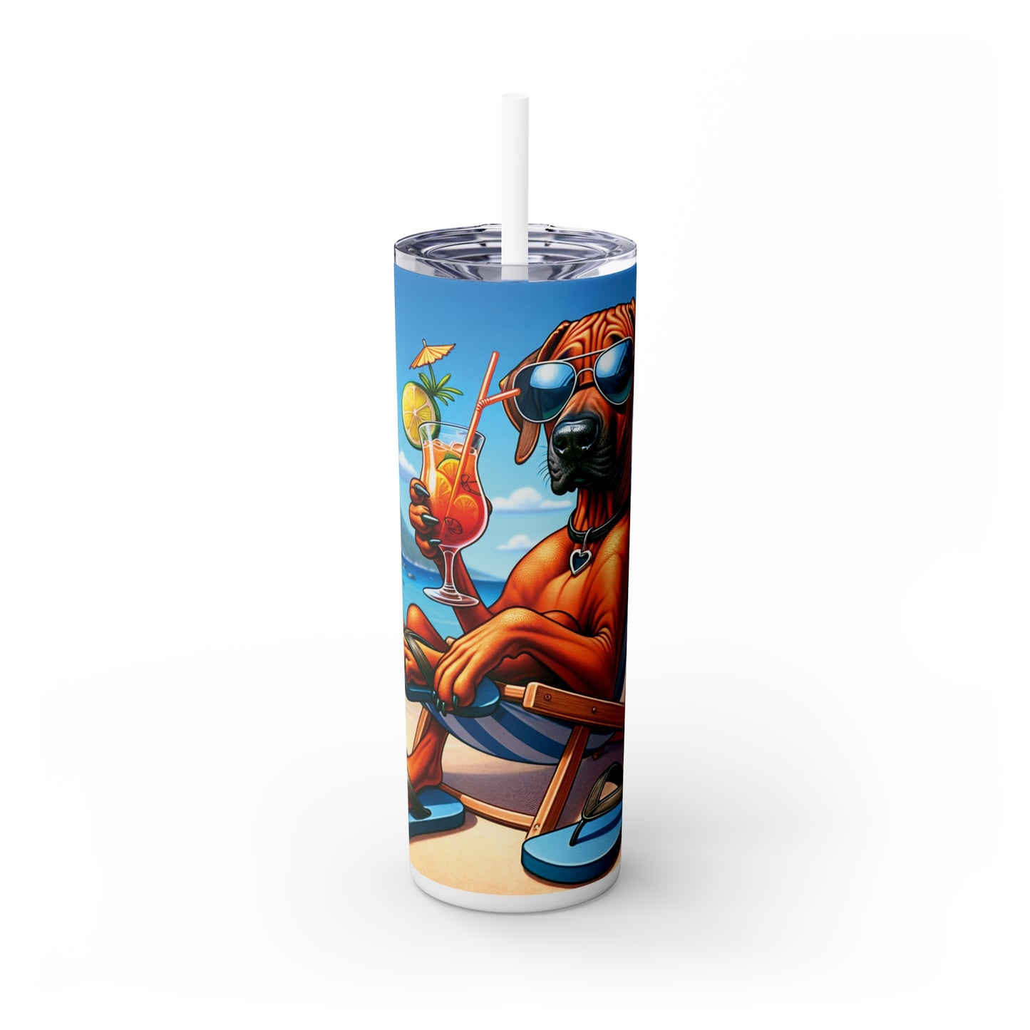 Skinny Tumbler with Straw, 20oz, Dog on Beach, Rhodesian Ridgeback, awd-1239