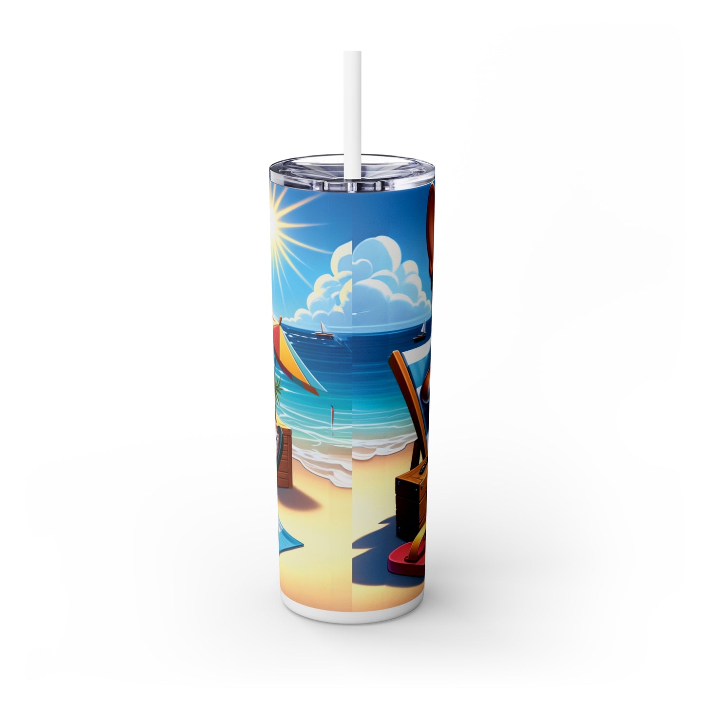 Skinny Tumbler with Straw, 20oz, Dog on Beach, Basenji, awd-1111