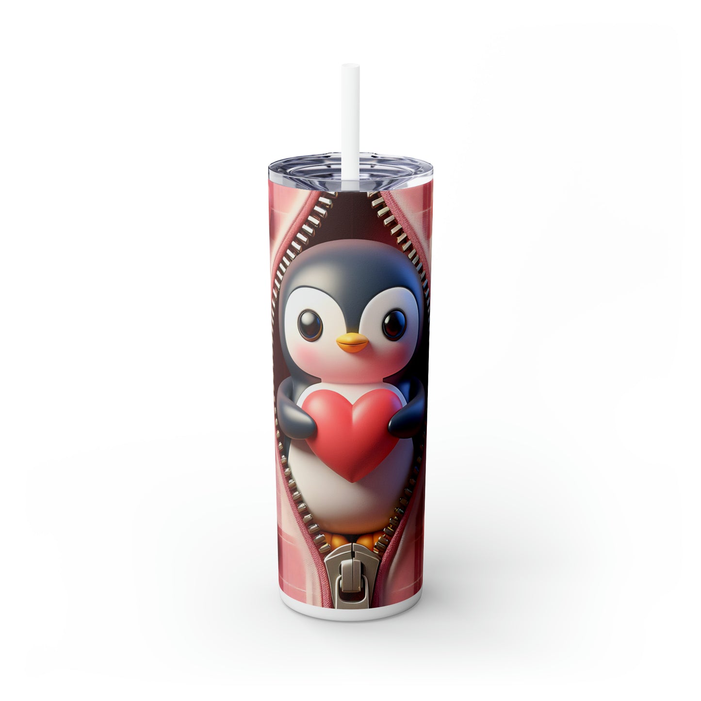 Skinny Tumbler with Straw, 20oz, Penguin, Valentines Day