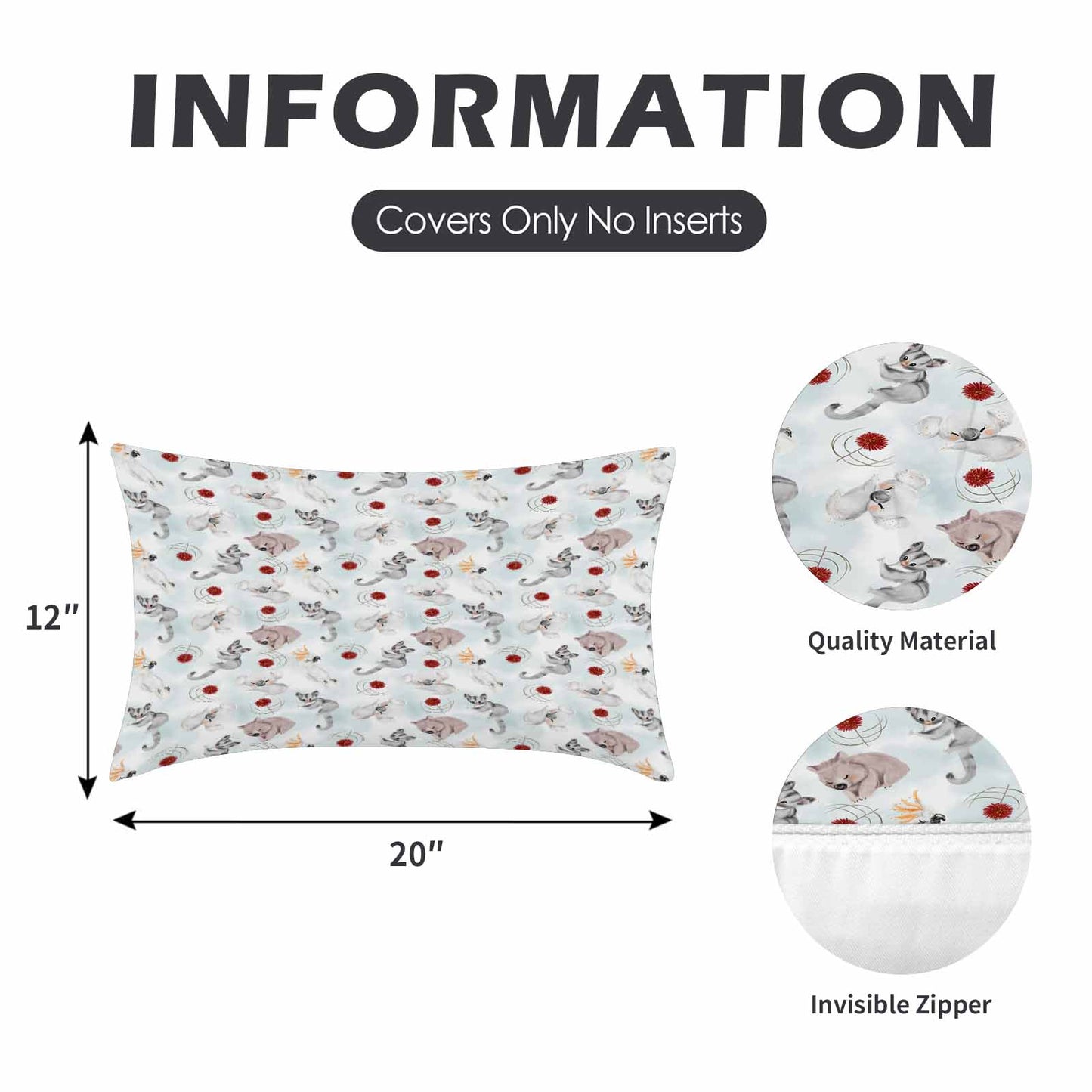 Australian Animals Koala, Sugar Glider, Wombat  Peach Skin Pillowcase 20"x12" (One Side Printing)(2 Pack)