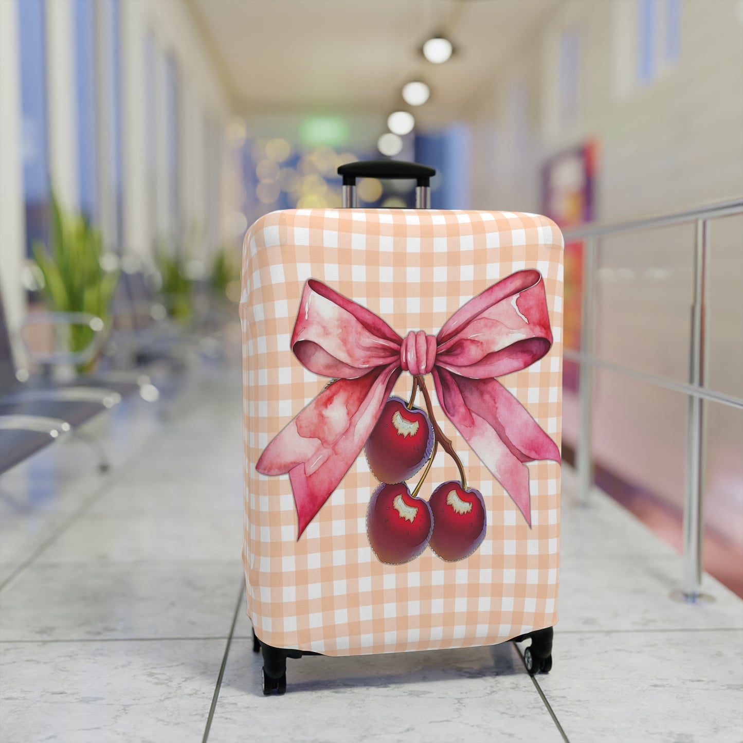 Luggage Cover, Rockabilly, Coquette, Pastel Orange Gingham, Cherries and Ribbon, awd-2510