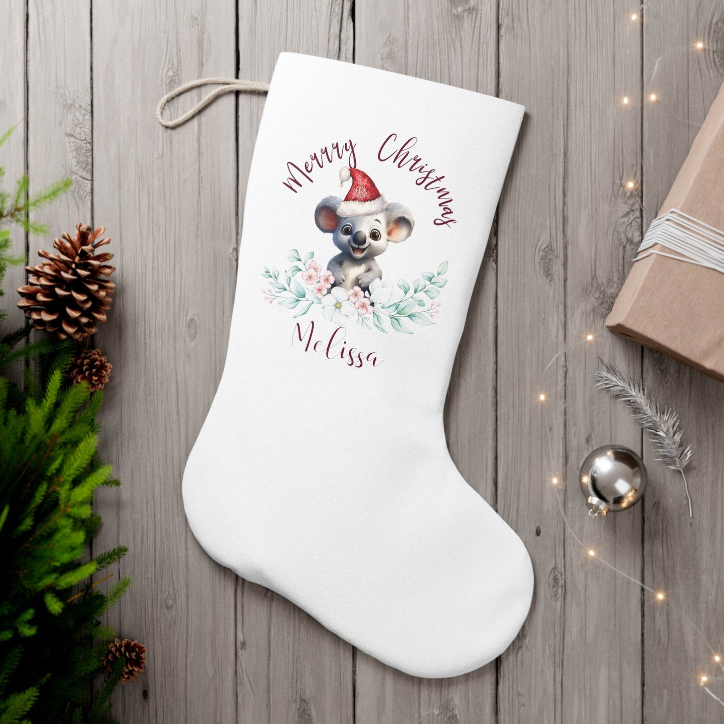 Personalised Santa Stocking, Australian Animals Eucalyptus, Koala