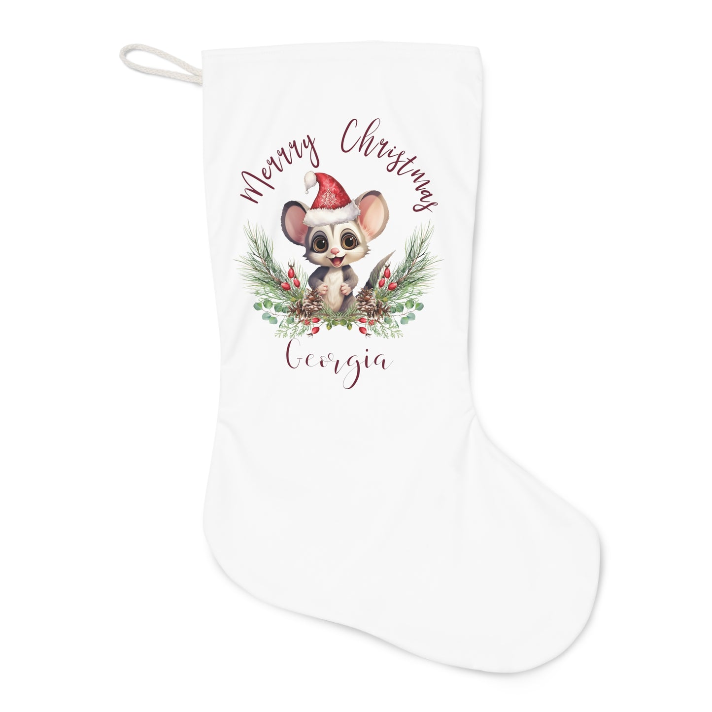 Personalised Santa Stocking, Australian Animals Poinsettia, Sugar Glider