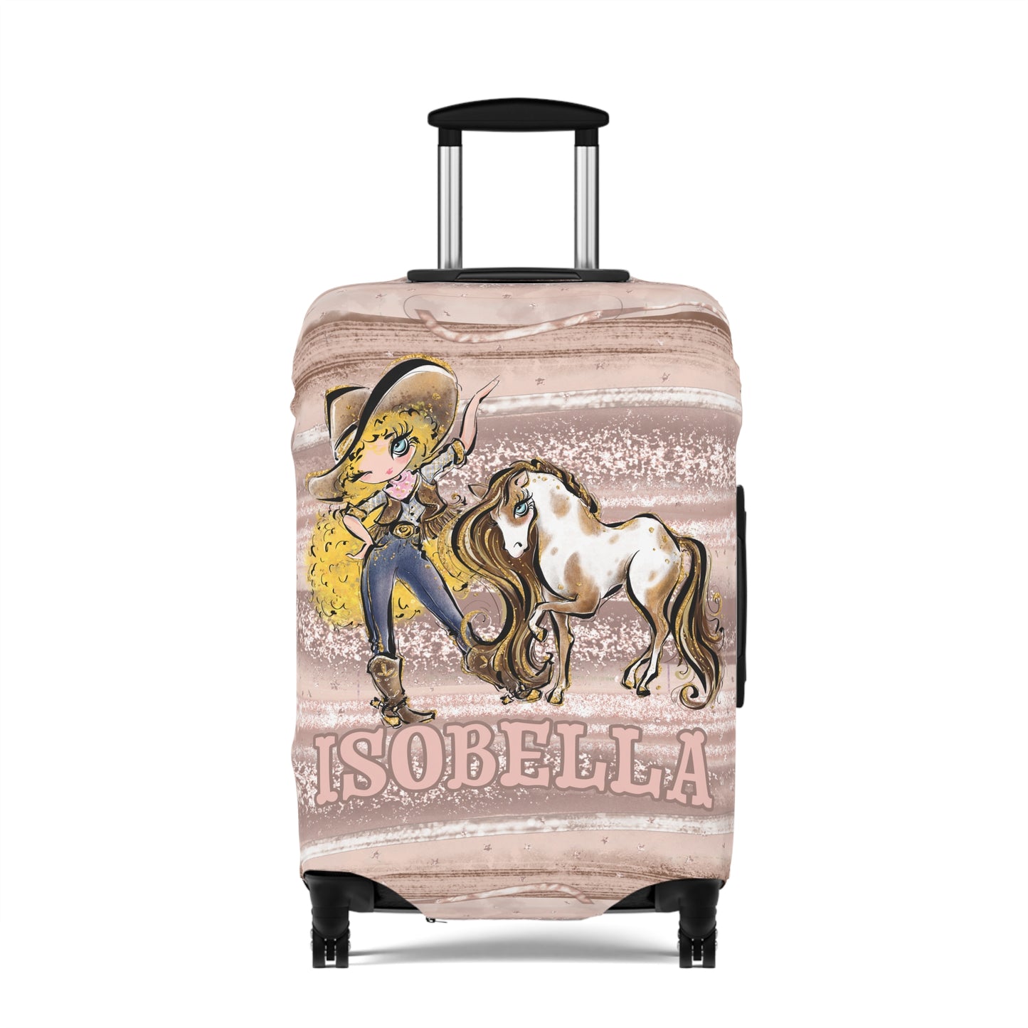 Luggage Cover, Howdy Cowgirl and Horse, Blonde Curly Hair Blue Eyes