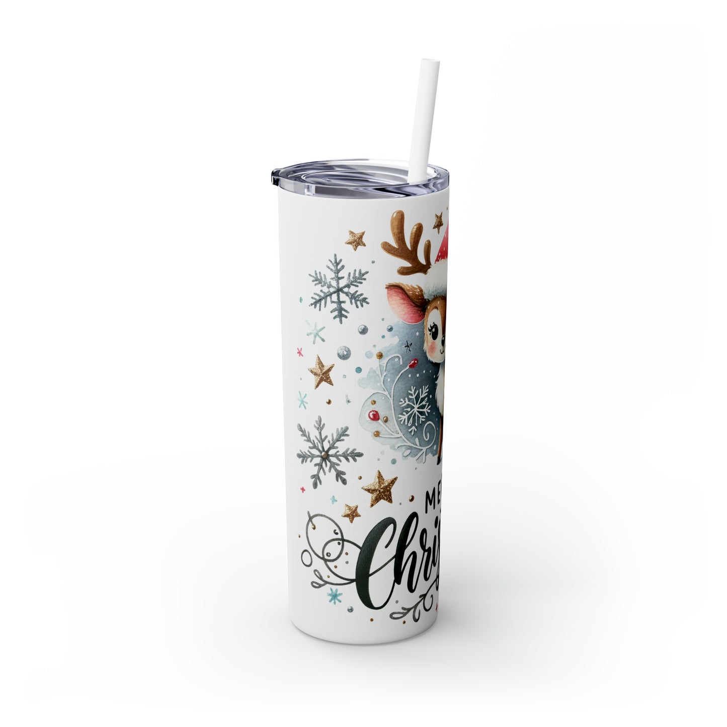 Skinny Tumbler with Straw, 20oz, Reindeer, Merry Christmas