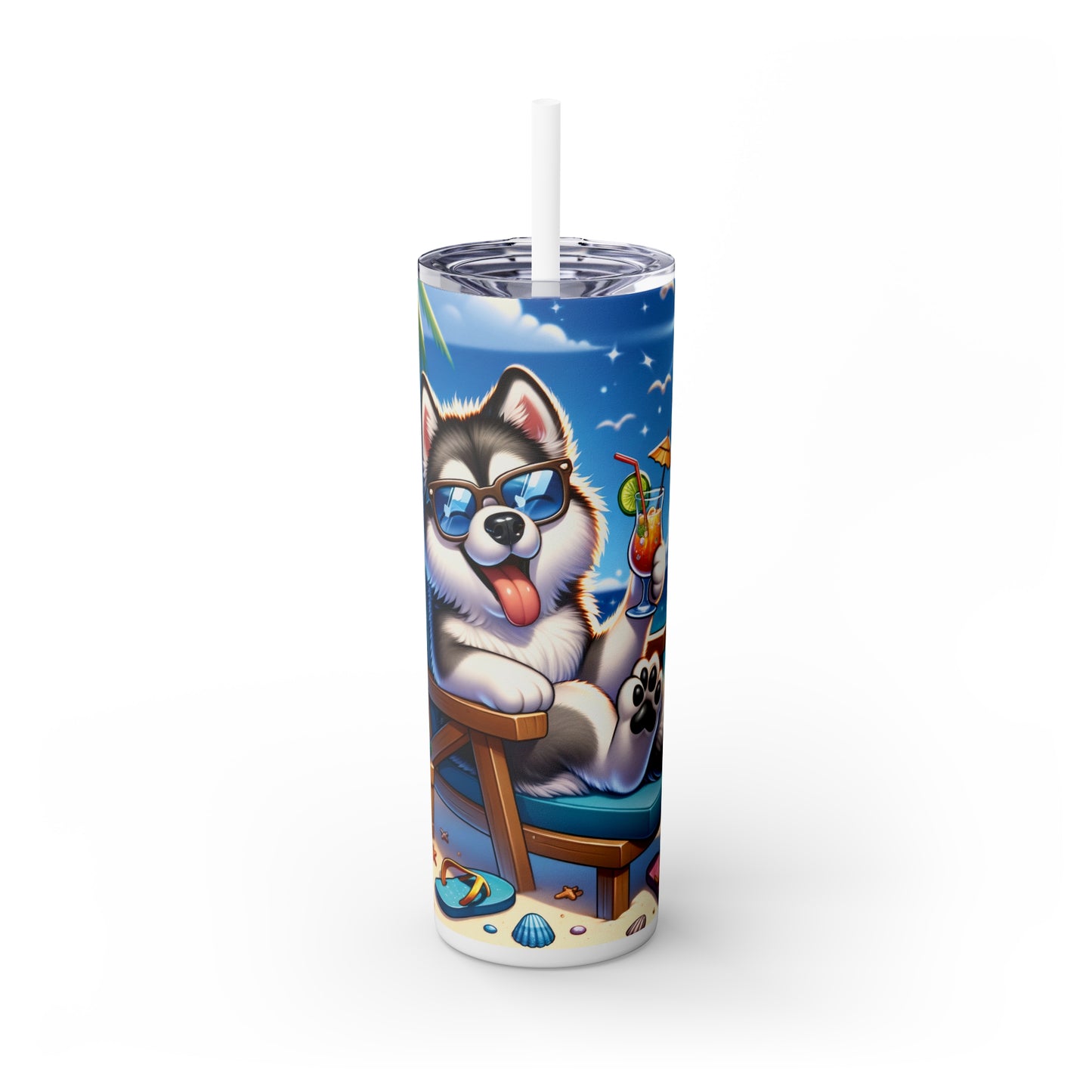 Skinny Tumbler with Straw, 20oz, Dog on Beach, Alaskan Malamute, awd-1116