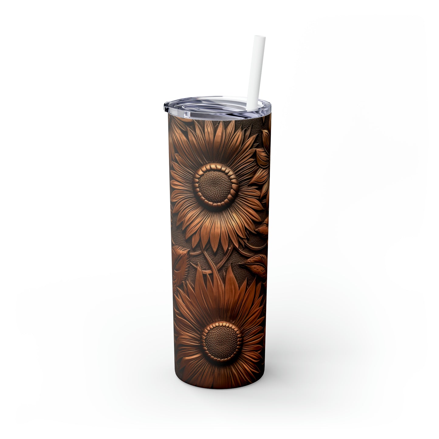 Skinny Tumbler with Straw, 20oz,  Floral carved wood/leather look, awd-346