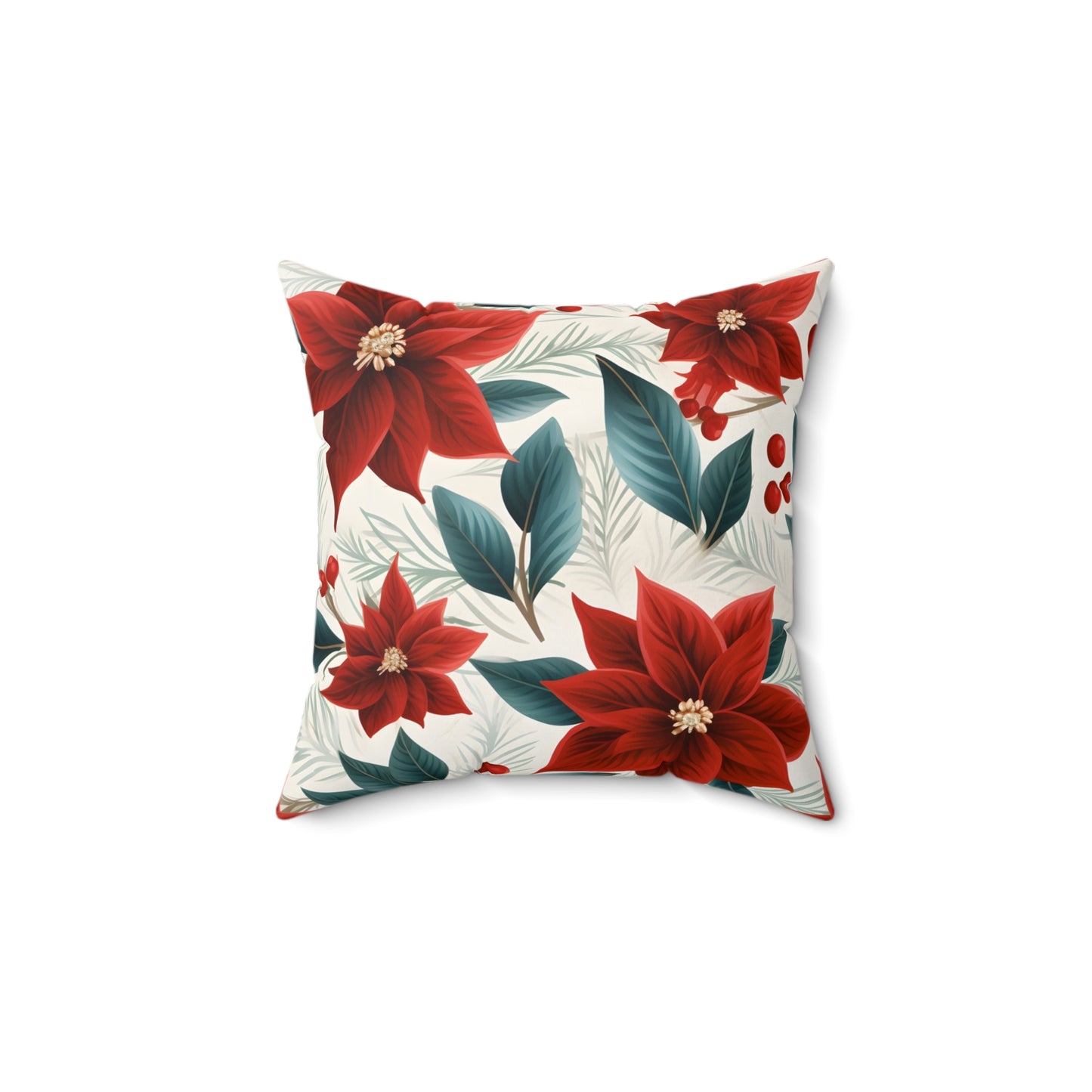 Spun Polyester Square Pillow, Red Poinsettia Floral Cushion