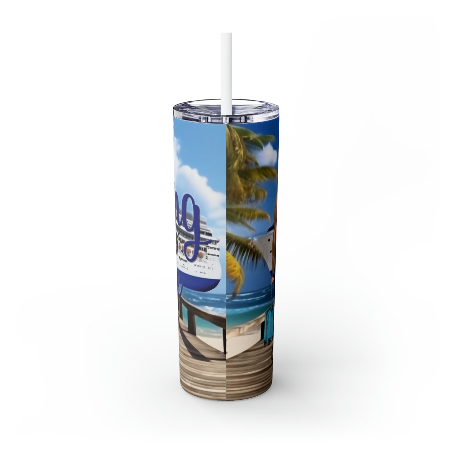 Skinny Tumbler with Straw, 20oz Cruise, Personalised Making Memories One Cruise at a Time, Blonde, Hair Blue Eyes