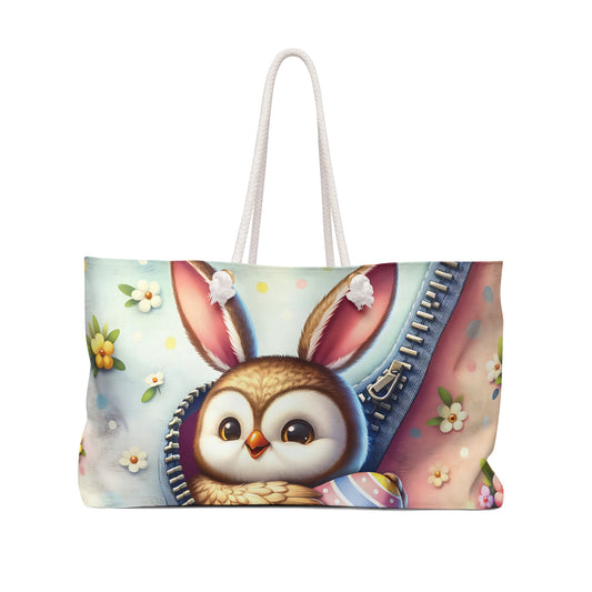 Personalised/Non-Personalised Weekender Bag, Easter, Cute Owl with Bunny Ears, Large Weekender Bag, Beach Bag, Book Bag