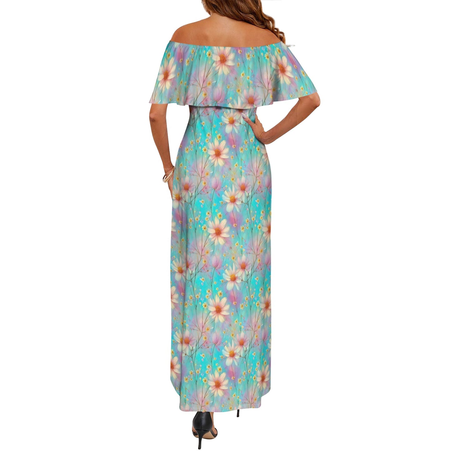 Green Floral Women's Off Shoulder Ruffle Boat Neck Dress (Model D71)