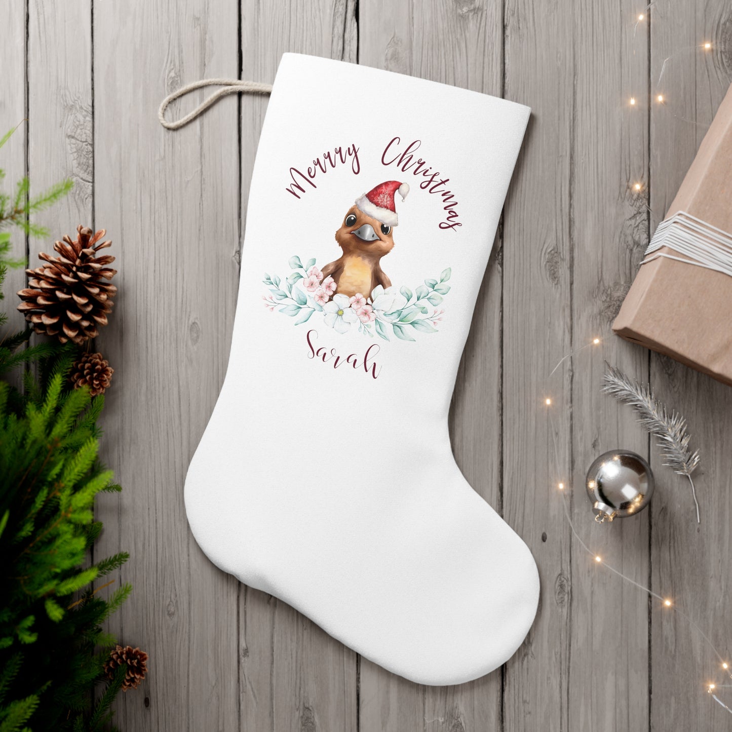 Personalised Santa Stocking, Australian Animals Eucalyptus, Platypus