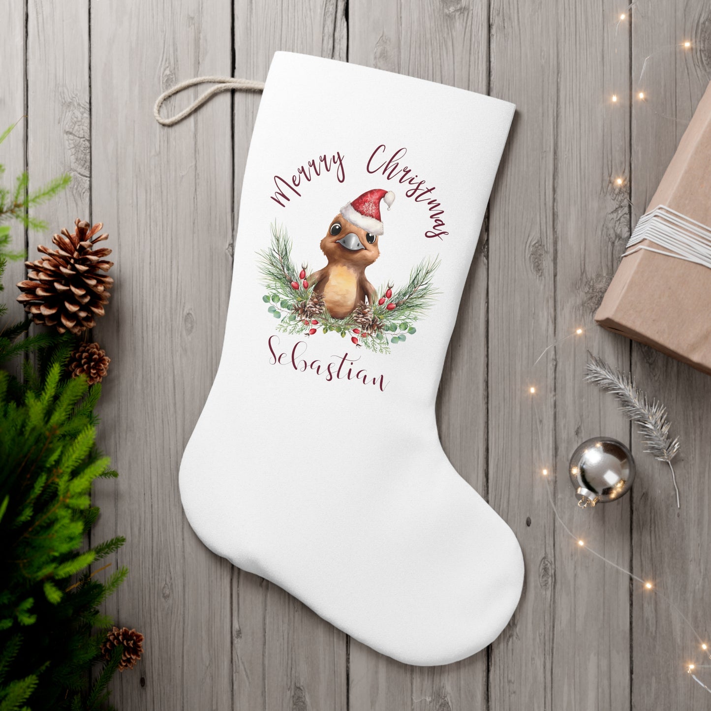 Personalised Santa Stocking, Australian Animals Poinsettia, Platypus