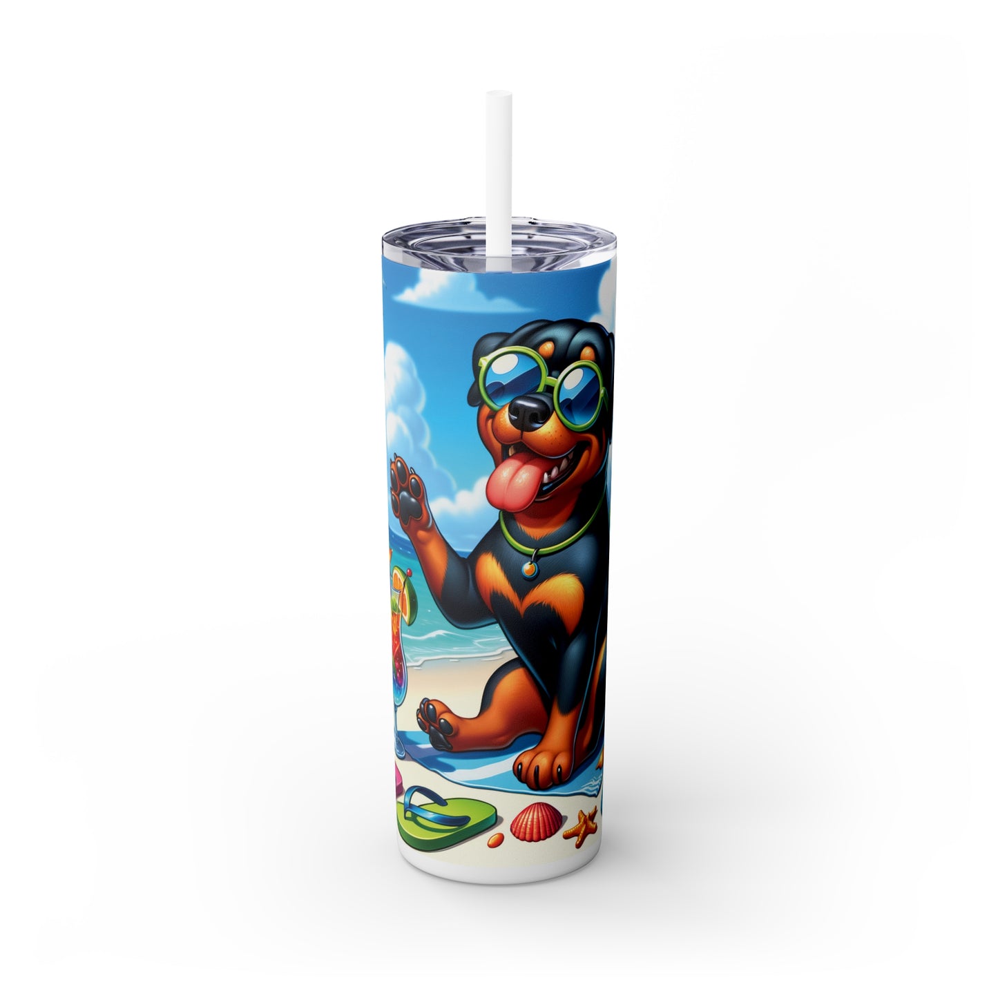 Skinny Tumbler with Straw, 20oz, Dog on Beach,  Rottweiler, awd-1234