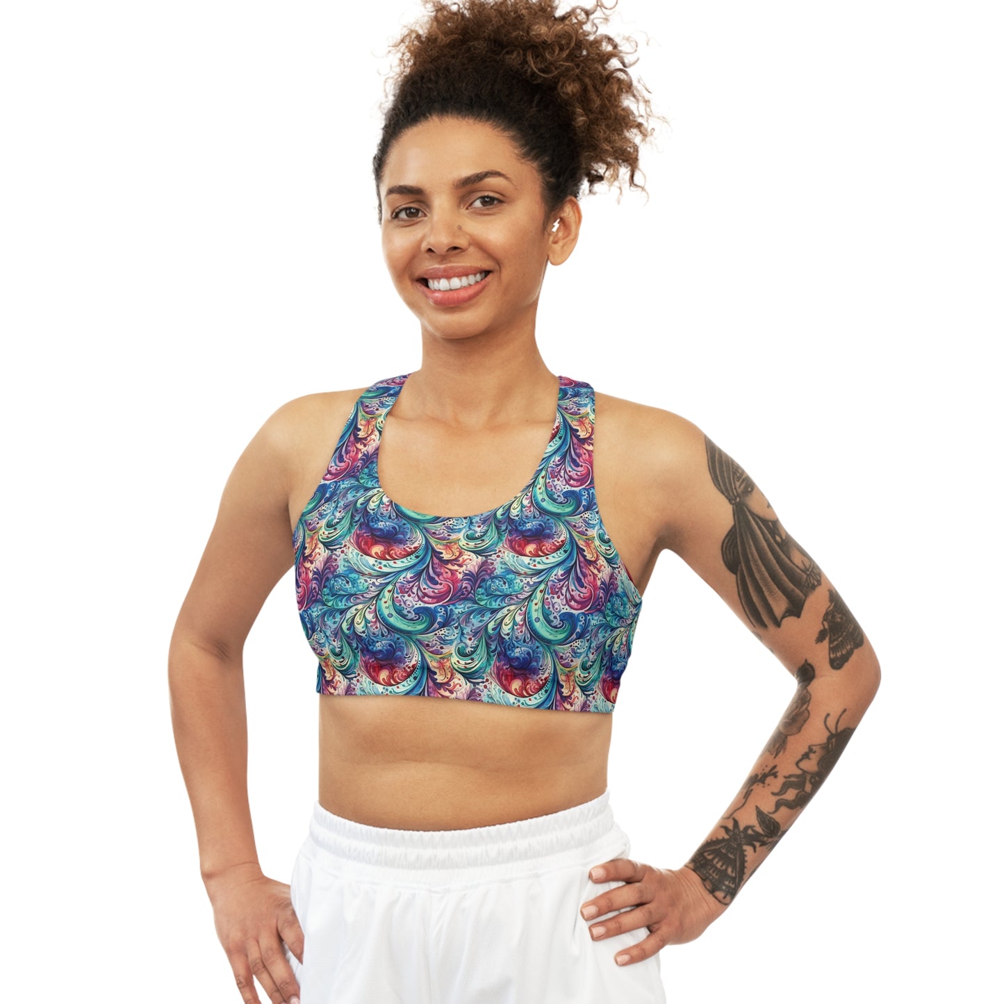 Seamless Sports Bra, Navy Blue Paisley Design