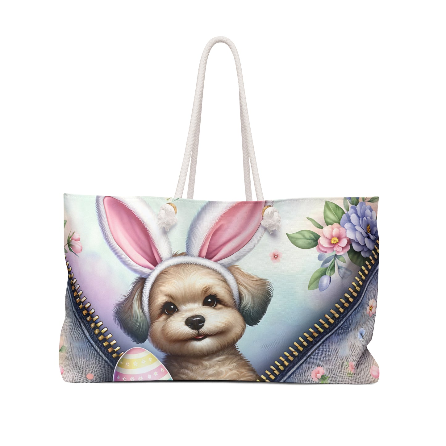 Personalised/Non-Personalised Weekender Bag, Easter, Cute Dog with Bunny Ears, Large Weekender Bag, Beach Bag, Book Bag