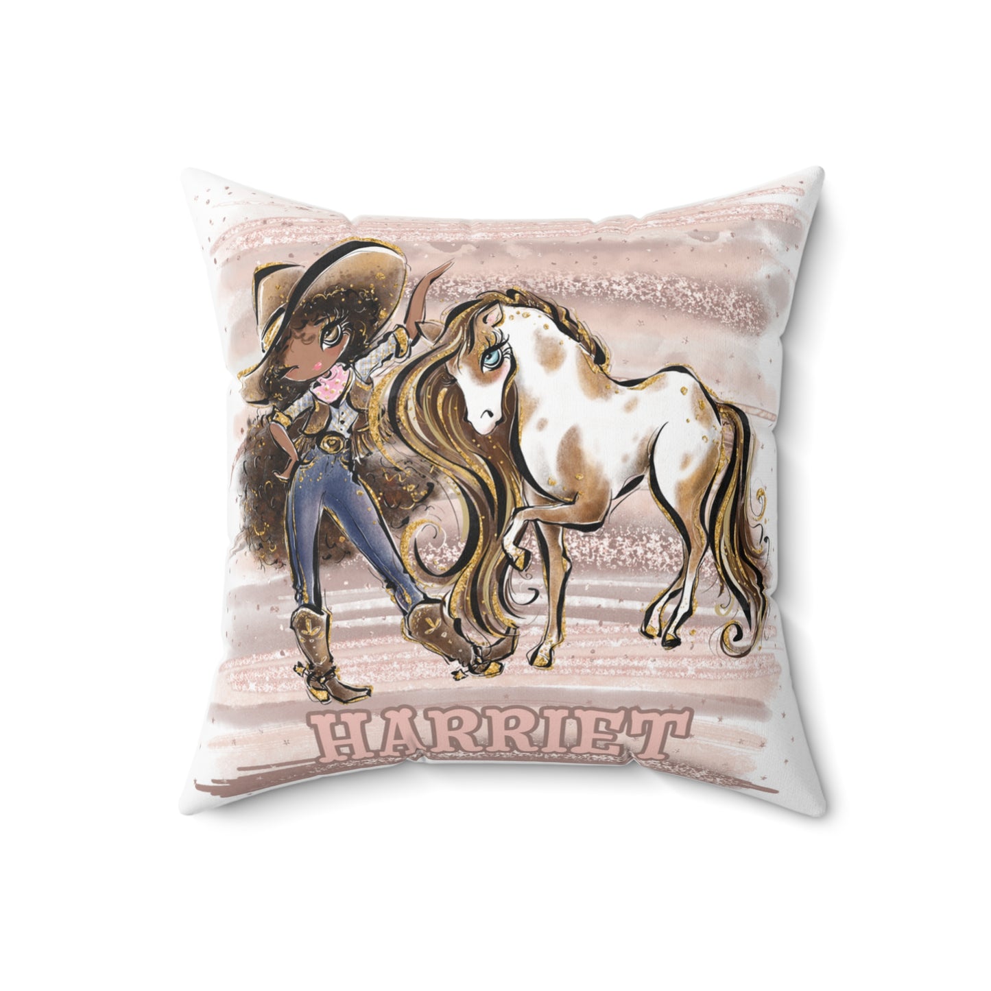 Personalised Cowgirl and Horse Cushion,  Brown Curly Hair, Olive Skin, Brown Eyes, Polyester Square Cushion, Christmas cushion