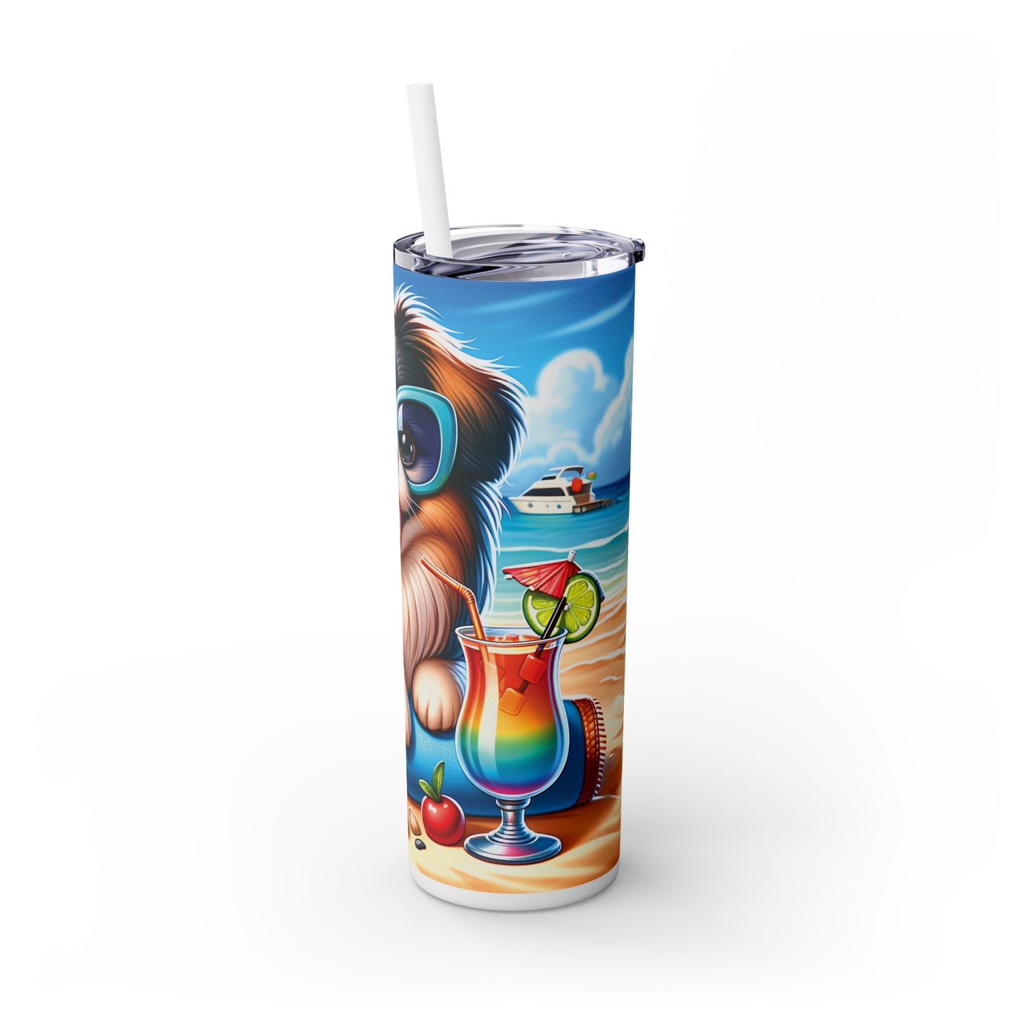 Skinny Tumbler with Straw, 20oz, Dog on Beach, Pekinese, awd-1230