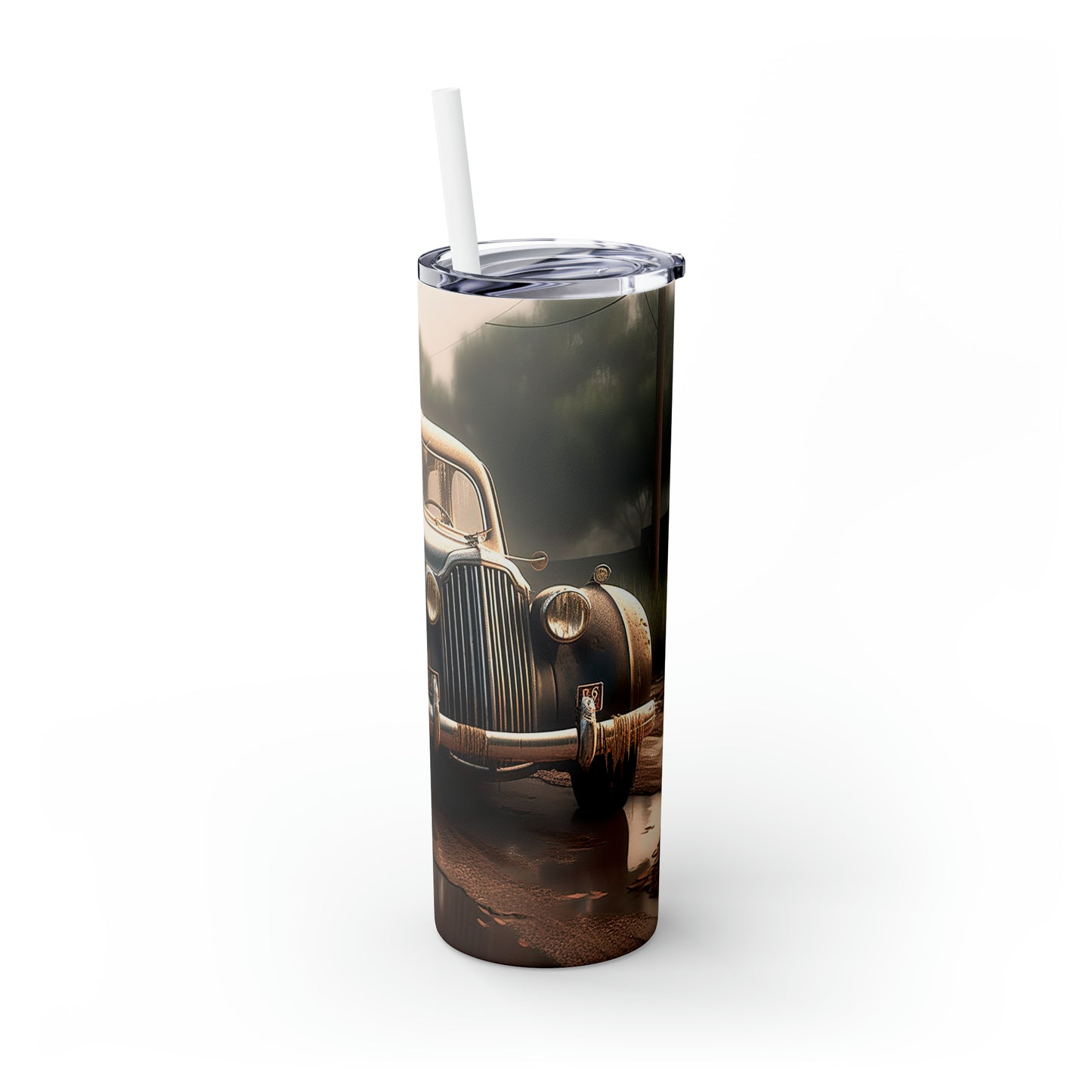 Skinny Tumbler with Straw, 20oz, Vintage Car