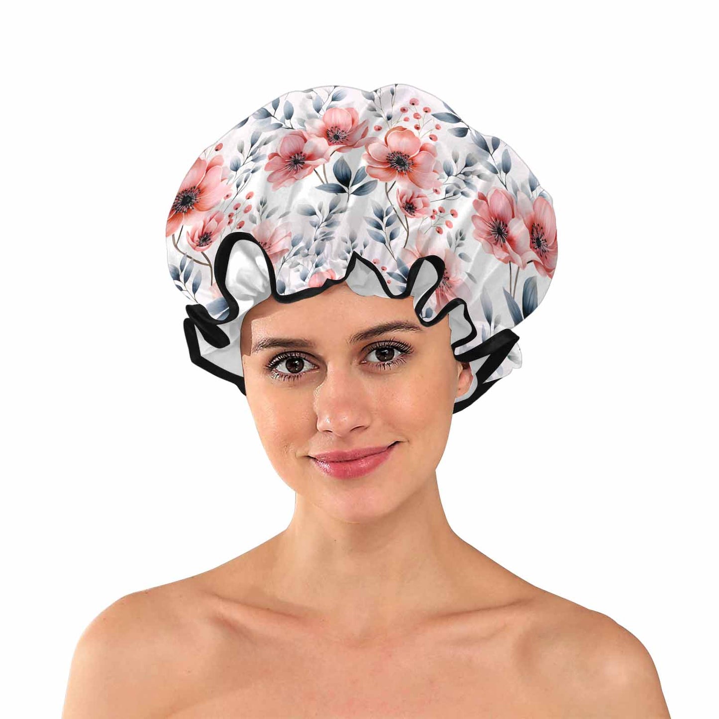 Apricot and Grey Floral  Shower Cap