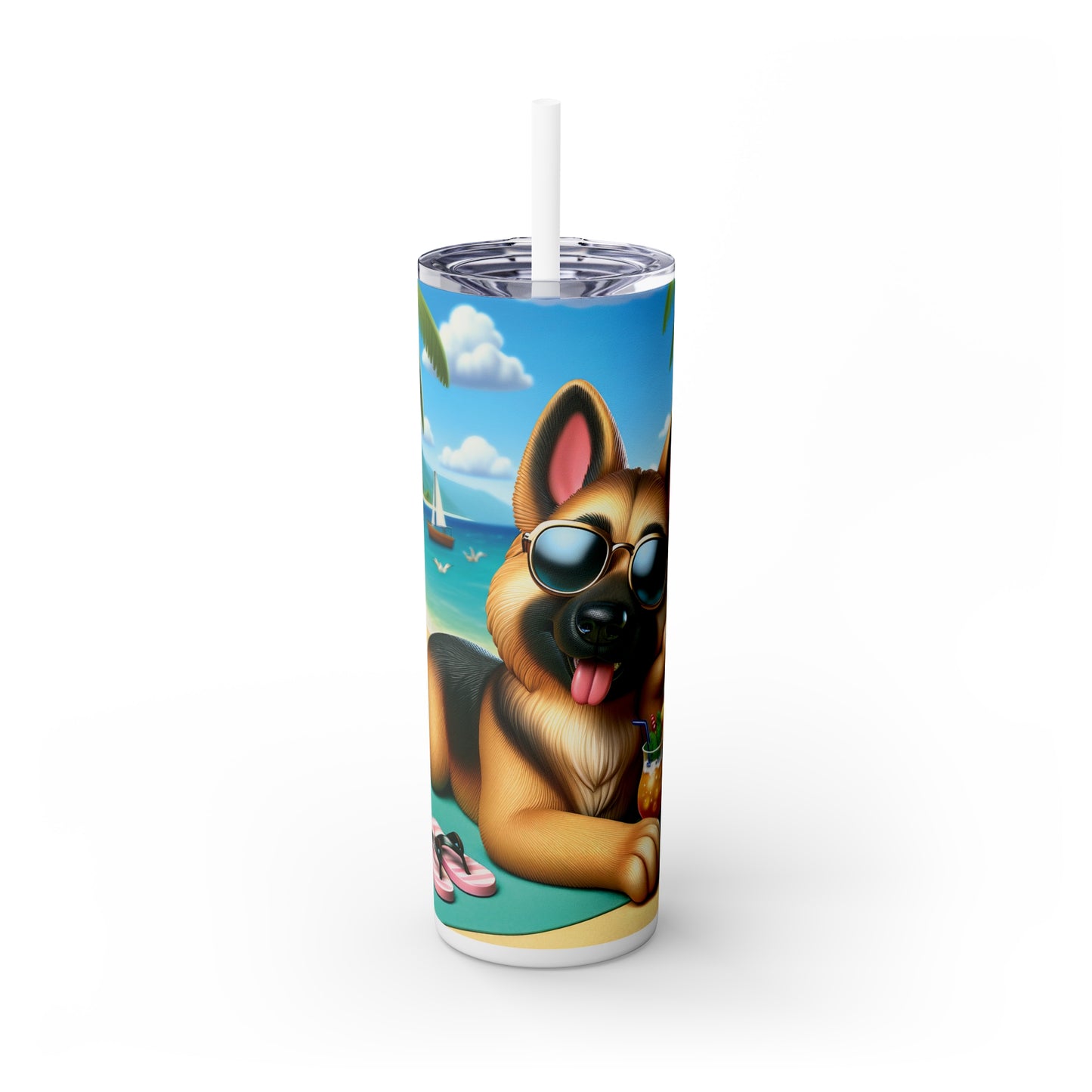 Skinny Tumbler with Straw, 20oz, Dog on Beach, German Shepherd, awd-1212