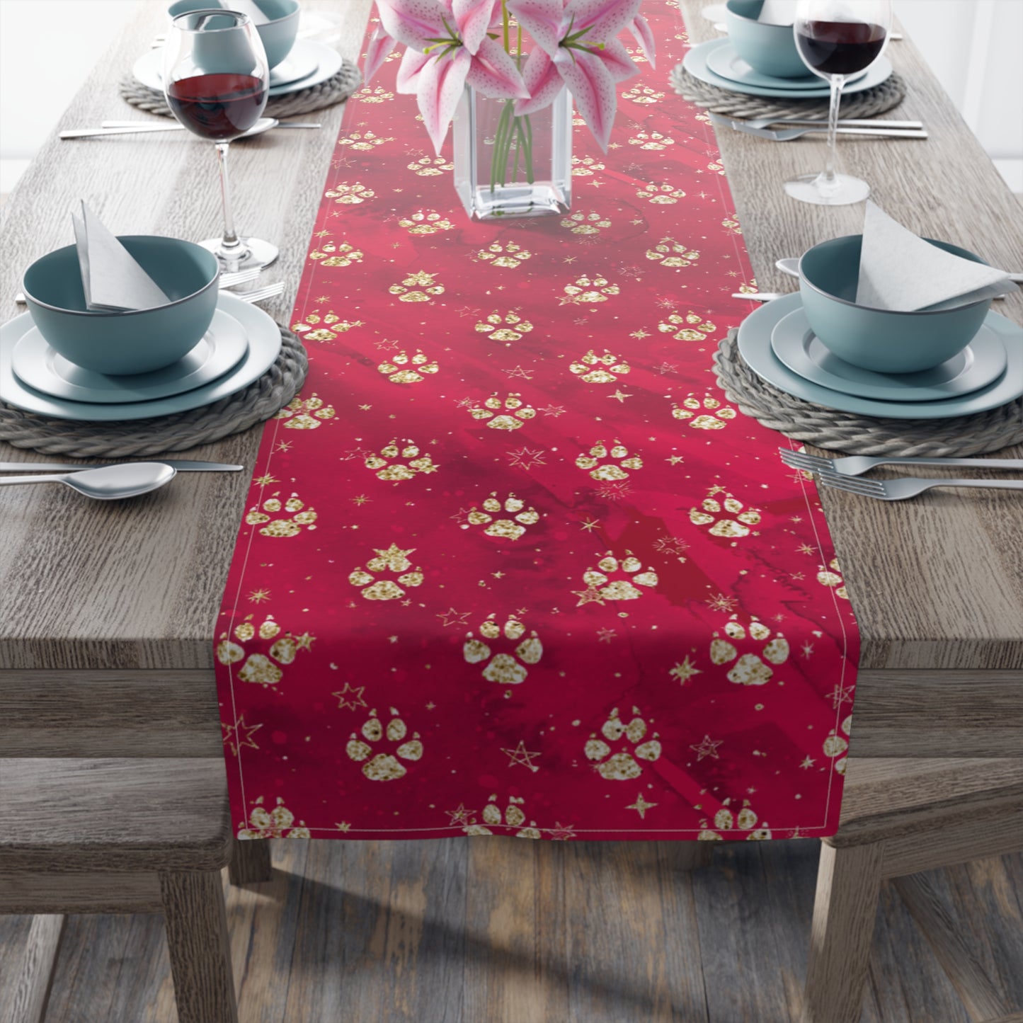 Doggie Paws Christmas Table Runner, Cotton Twill and Poly Available