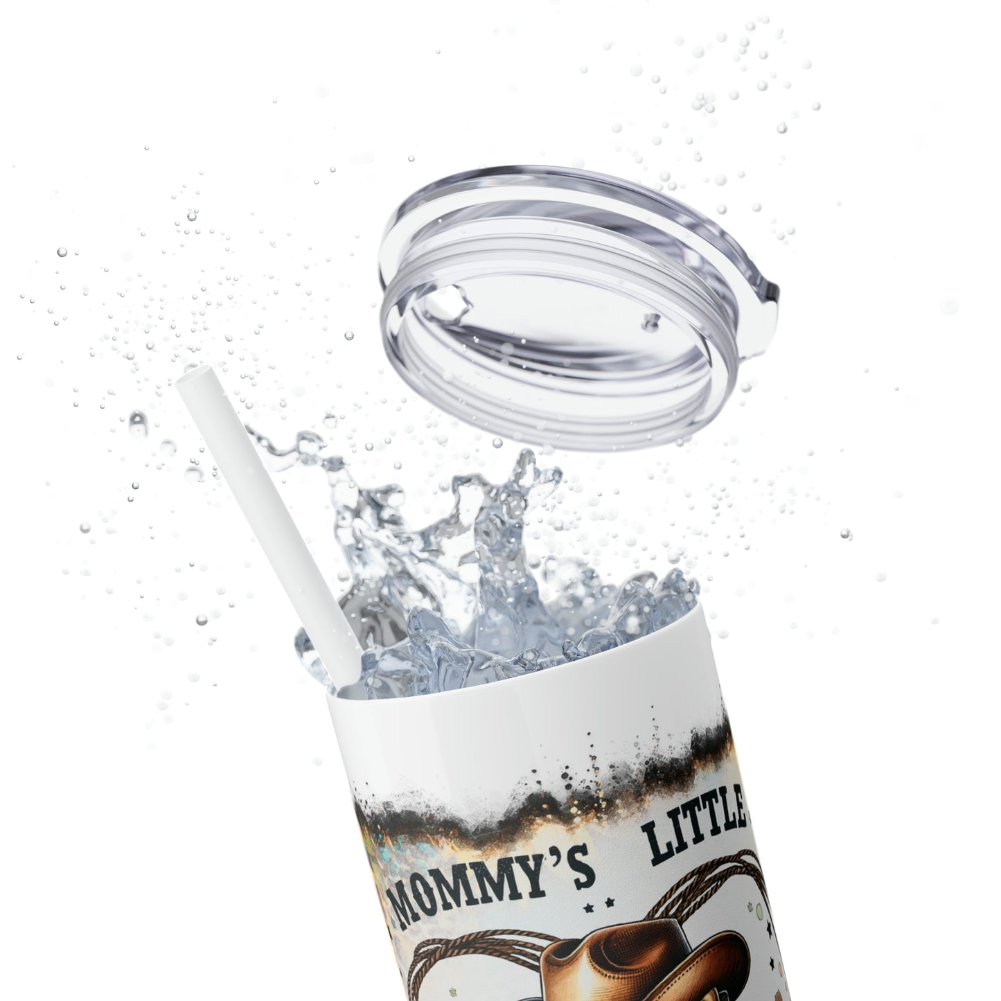 Skinny Tumbler with Straw, 20oz, Sunflowers, Western, Quote, Mommy's Little Cowboy