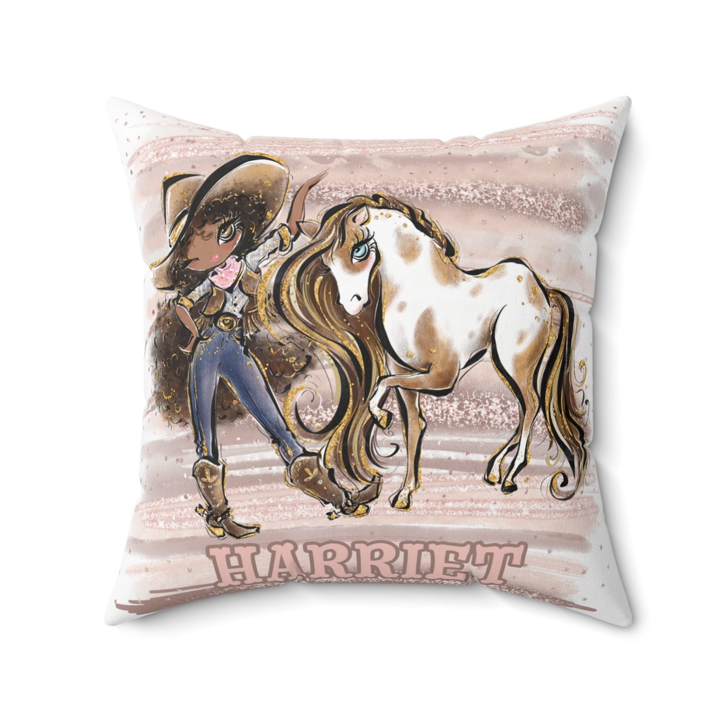 Personalised Cowgirl and Horse Cushion,  Brown Curly Hair, Olive Skin, Brown Eyes, Polyester Square Cushion, Christmas cushion