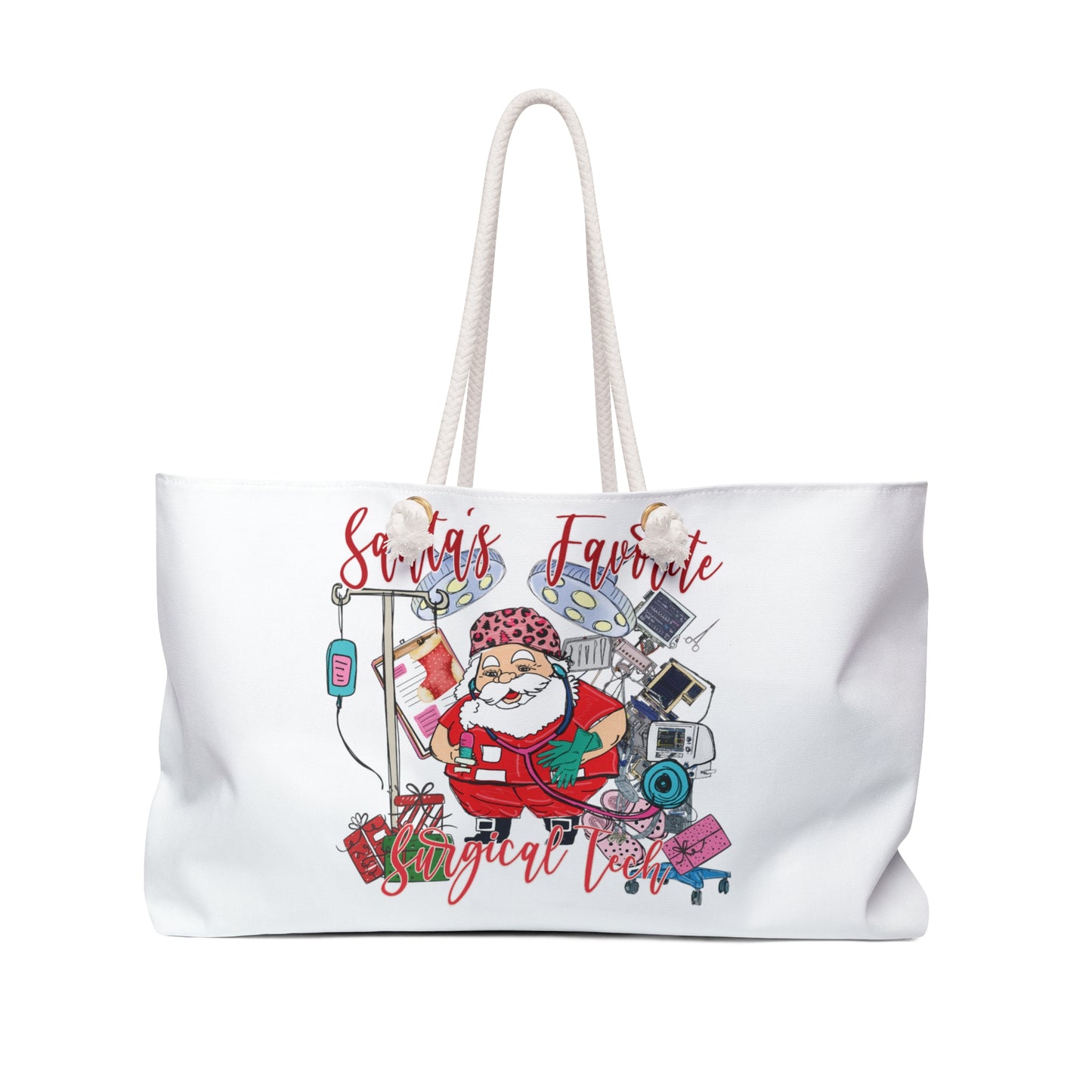 Personalised/Non-Personalised Weekender Bag, Santa's Favorite Surgical Tech, Large Weekender Bag, Beach Bag, Book Bag