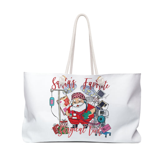 Personalised/Non-Personalised Weekender Bag, Santa's Favorite Surgical Tech, Large Weekender Bag, Beach Bag, Book Bag