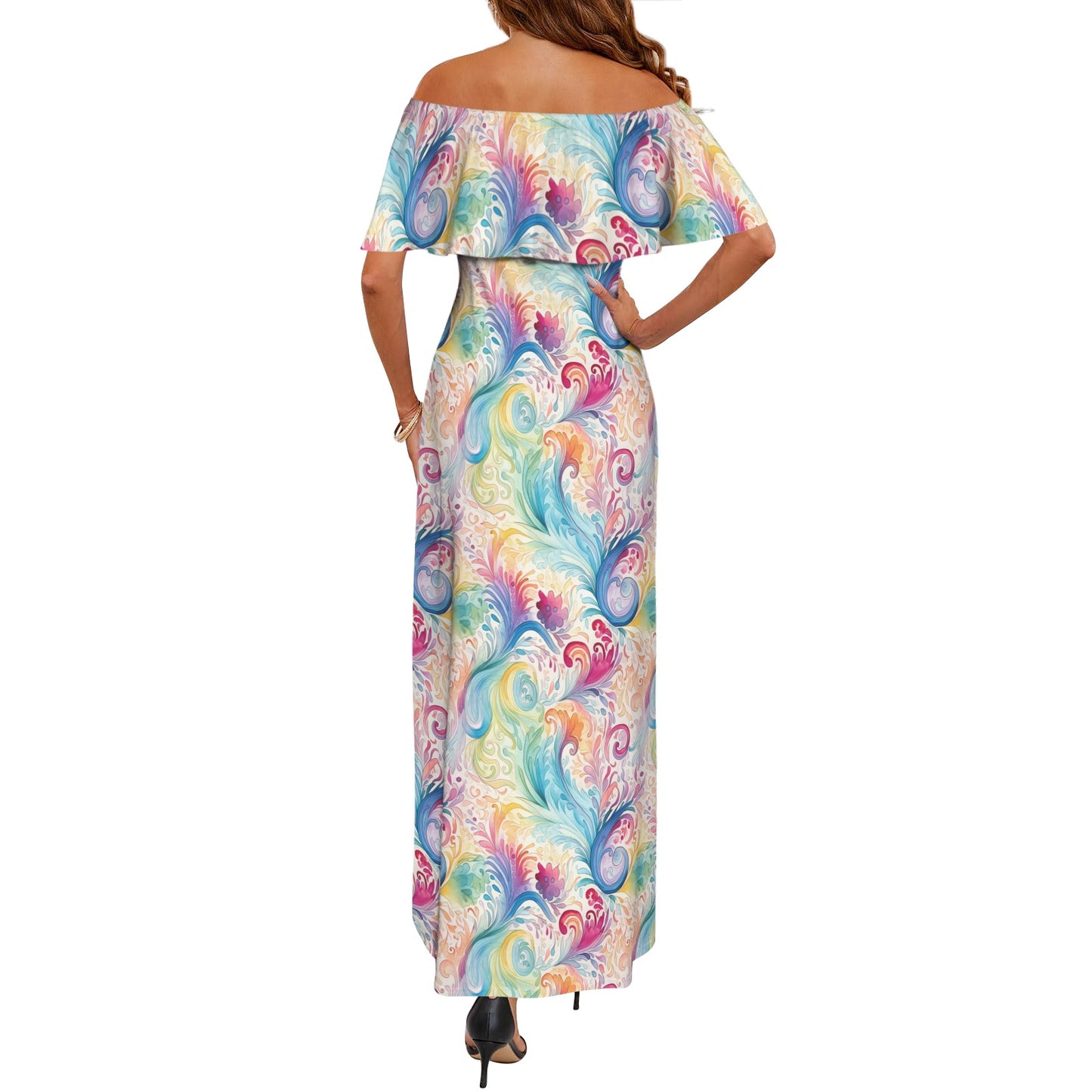 Pastel Rainbow Paisley Women's Off Shoulder Ruffle Boat Neck Dress (Model D71)