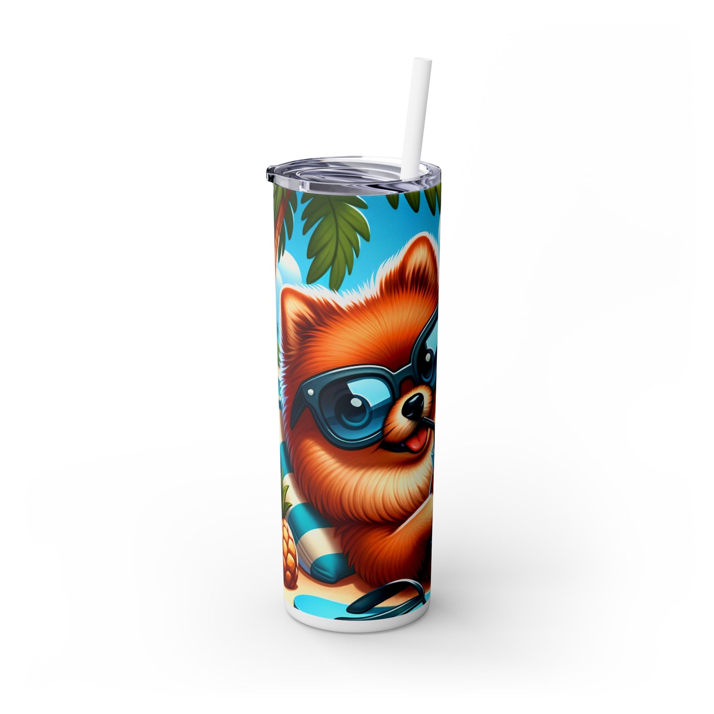 Skinny Tumbler with Straw, 20oz, Dog on Beach, Pomeranian, awd-1231