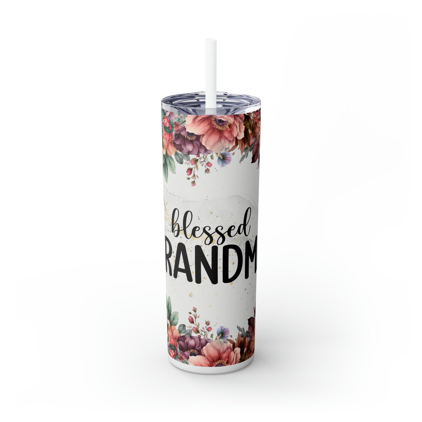 Skinny Tumbler with Straw, 20oz, Floral, Quote, Blessed Grandma, awd-730