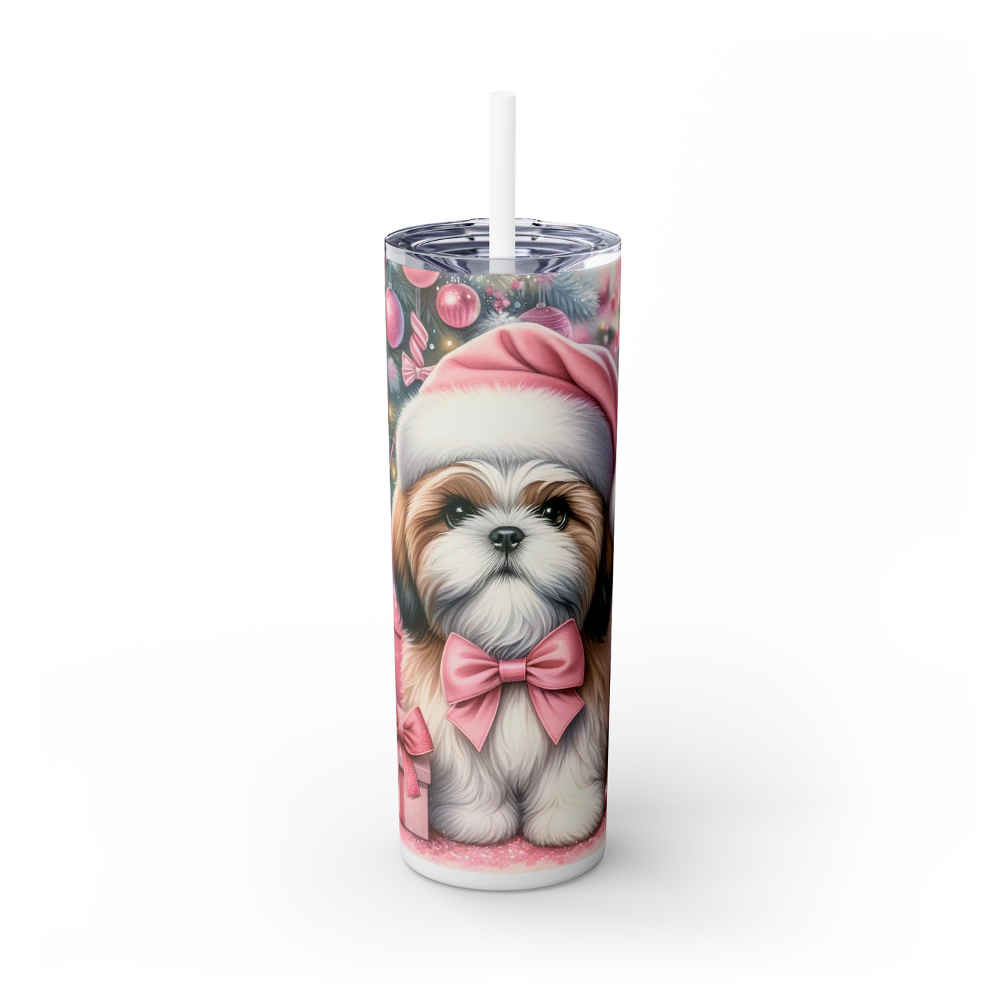 Skinny Tumbler with Straw, 20oz, Christmas Cute Puppy - Shiatzu