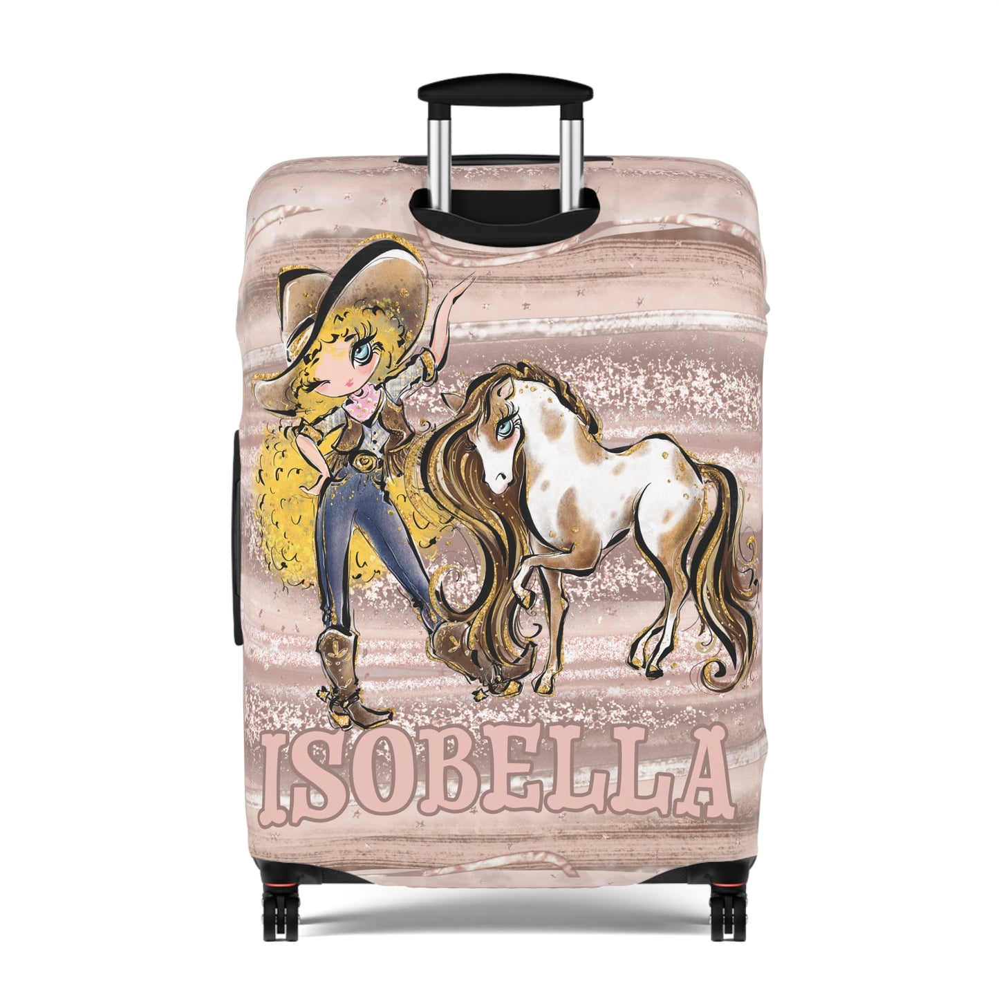 Luggage Cover, Howdy Cowgirl and Horse, Blonde Curly Hair Blue Eyes