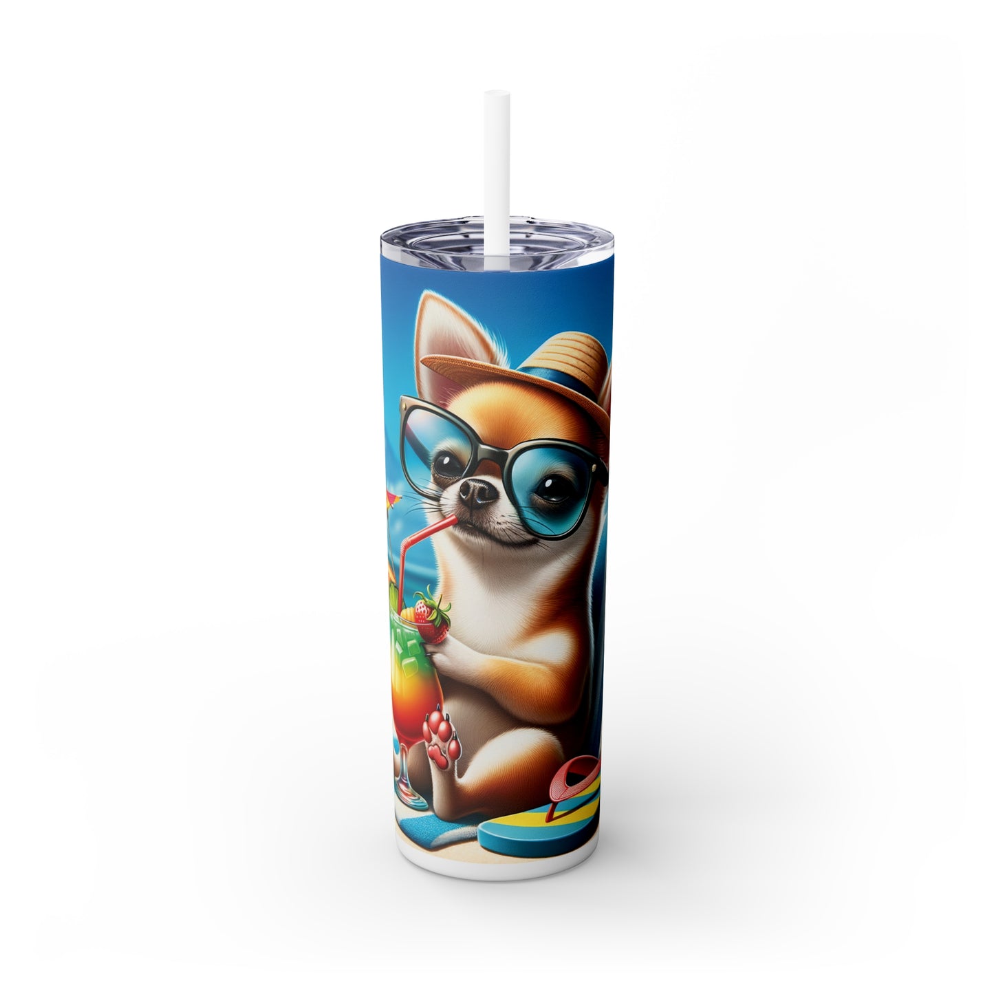 Skinny Tumbler with Straw, 20oz, Dog on Beach, Chihuahua, awd-1205