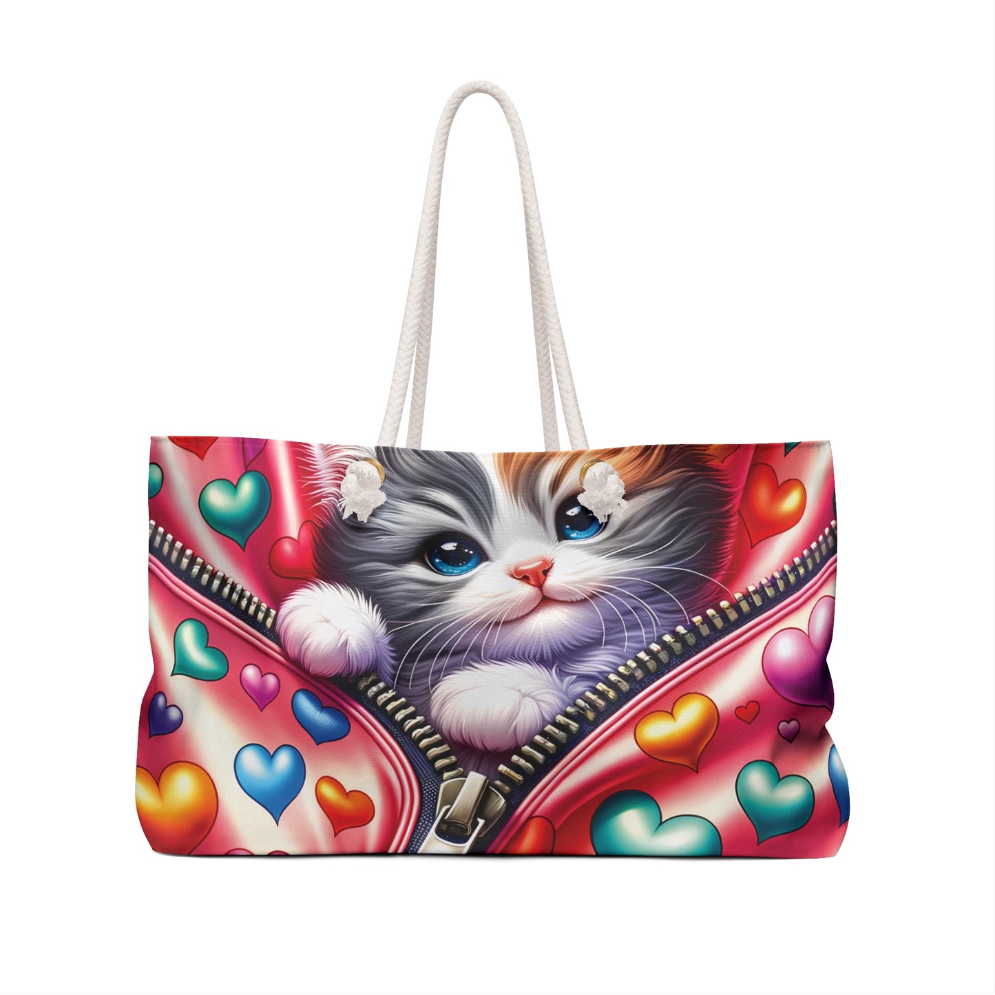 Personalised/Non-Personalised Weekender Bag, Cute Cat, Valentines Day, Large Weekender Bag, Beach Bag, Book Bag