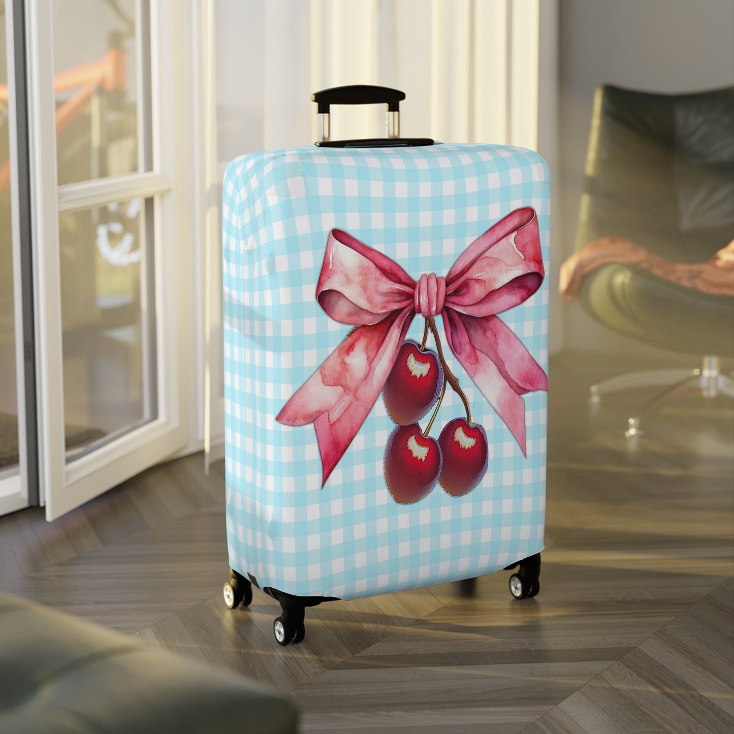 Luggage Cover, Rockabilly, Coquette, Pastel Blue Gingham, Cherries and Ribbon, awd-2513